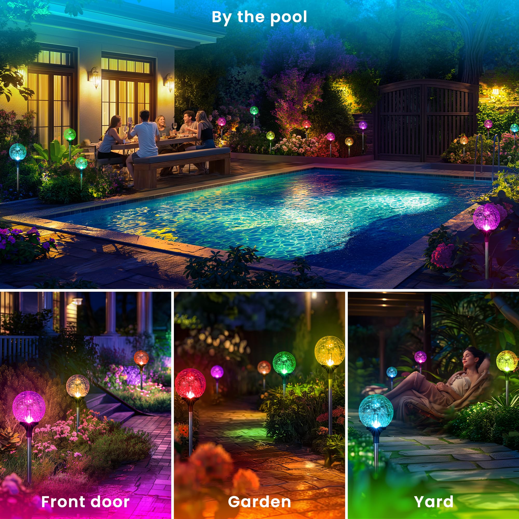 GIGALUMI Solar Garden Lights 3 Pack, Waterproof  ed Glass Ball, Multi-Colored LED, Silver, Model CLWX-XIN3