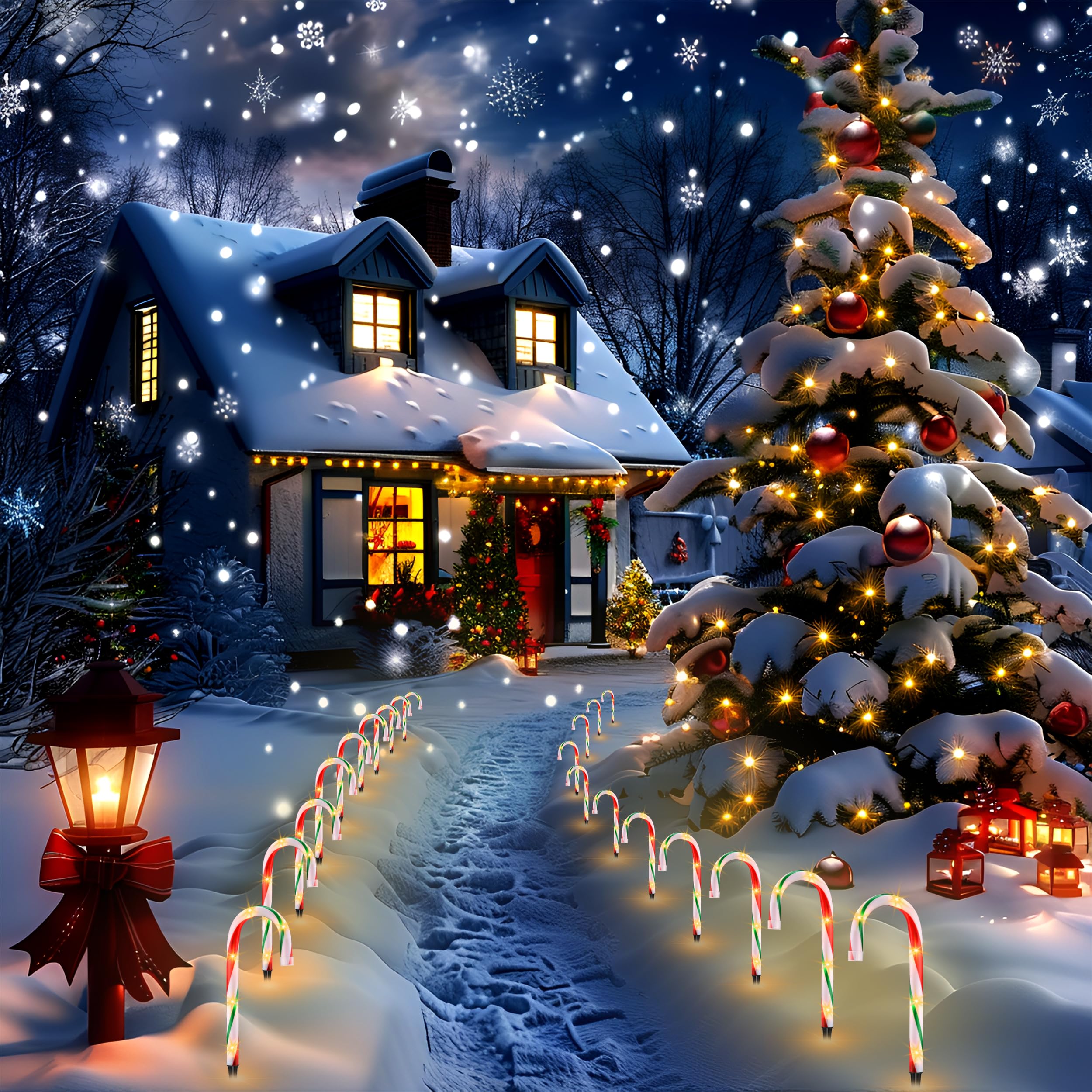 Vcoken 10'' Christmas Candy Cane Lights Outdoor Pathway, Set Of 10 Christmas Candy Cane Markers Waterproof, Light Up Xmas Candy