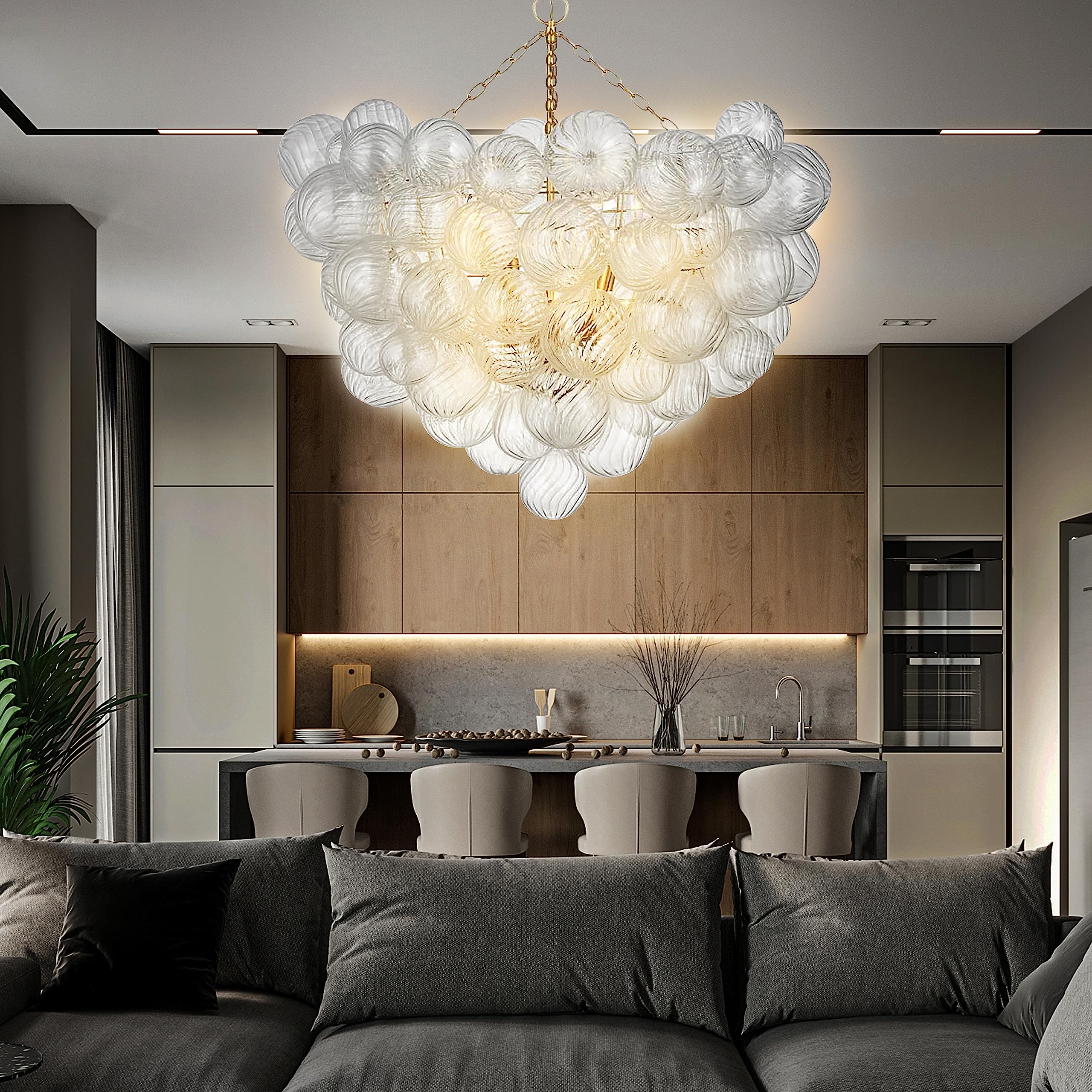 Beypan Mid Century Bubble Ball Chandeliers Decorative Lights Swirled Ribbed Glass Clear Blown Glass Globe Chandelier Dia 36 Inch Bowl Pendant Light Fixture For Bedroom Dining Room Over Table