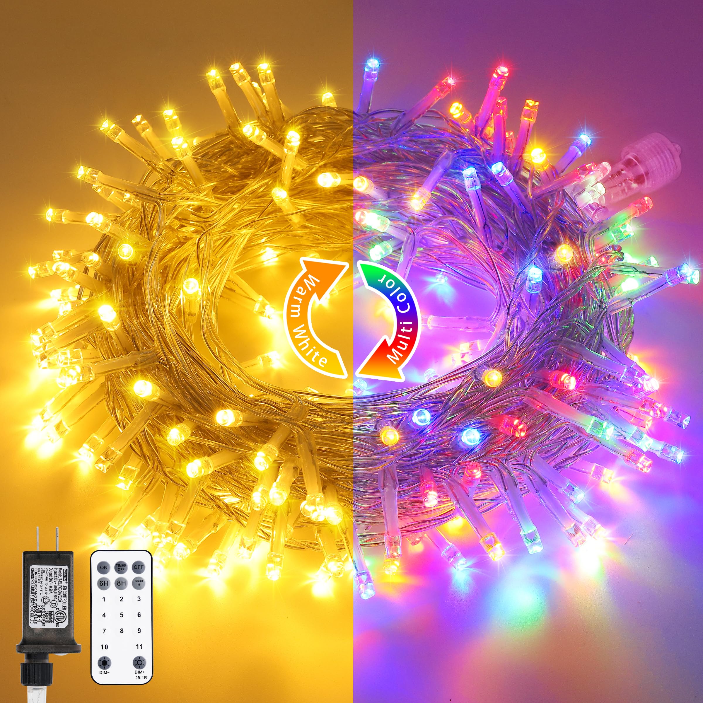 Jmexsuss 200 Led Color Changing String Lights Indoor Plug In, Warm White & Multicolor Christmas Lights Outdoor Clear Wire, 66Ft