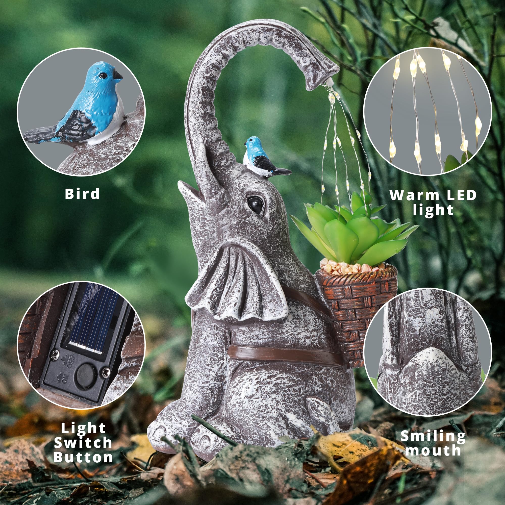 Fhwty Solar Elephant Watering Effect Led Lights Garden Statue, Outdoor Garden Decor For Lawn, Balcony, Yard, Gifts For Mom, Gran