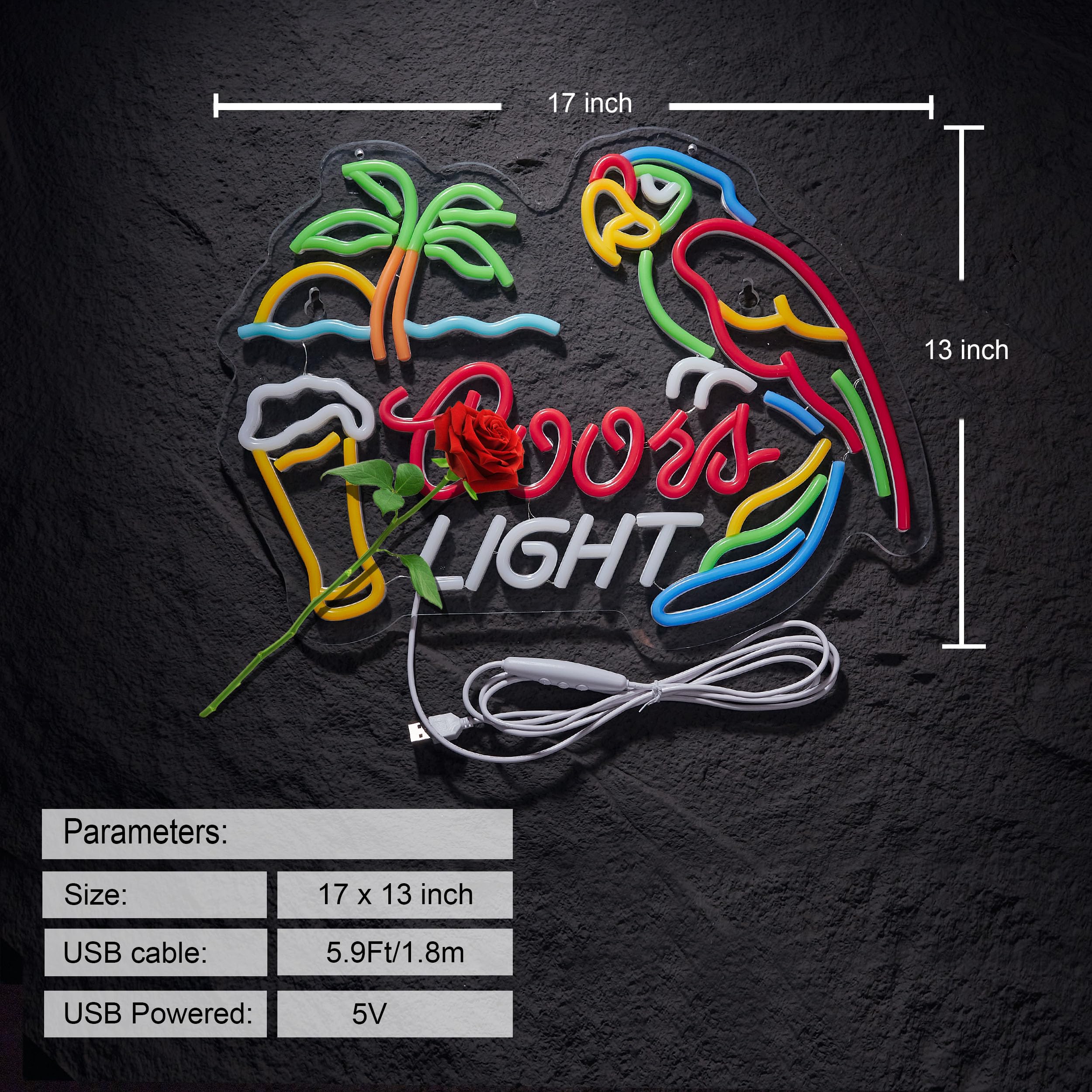 Duoweoy Bar Parrot Crs Neon Sign - Dimmable LED Light, 17x12 inches, USB Powered, Multi-Color Décor for Home, Bedroom, Man Cave