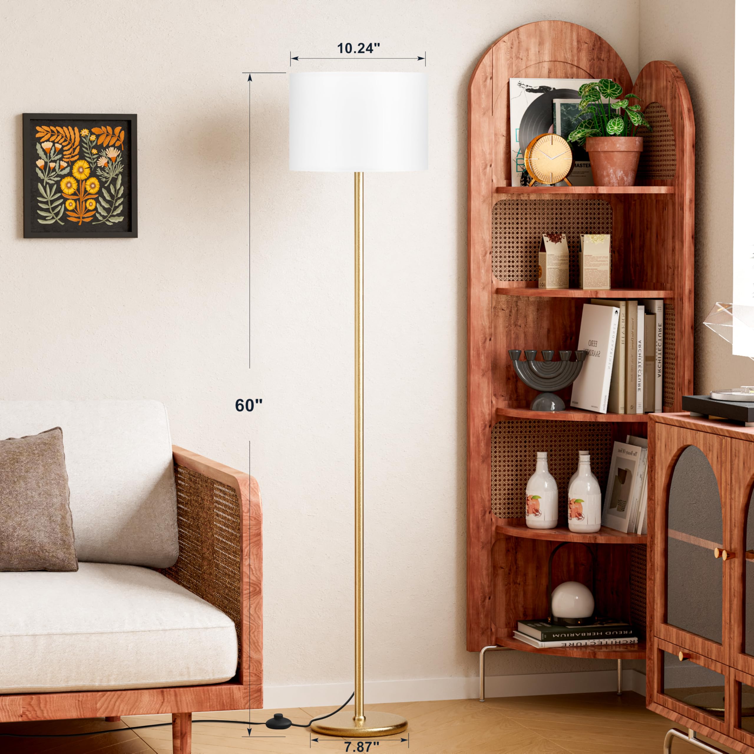 Ambimall 60'' Modern Floor Lamp - White Shade & Gold Pole, Tall Lamp for Living Room, Bedroom, Office, Model RPT-ZGB10113