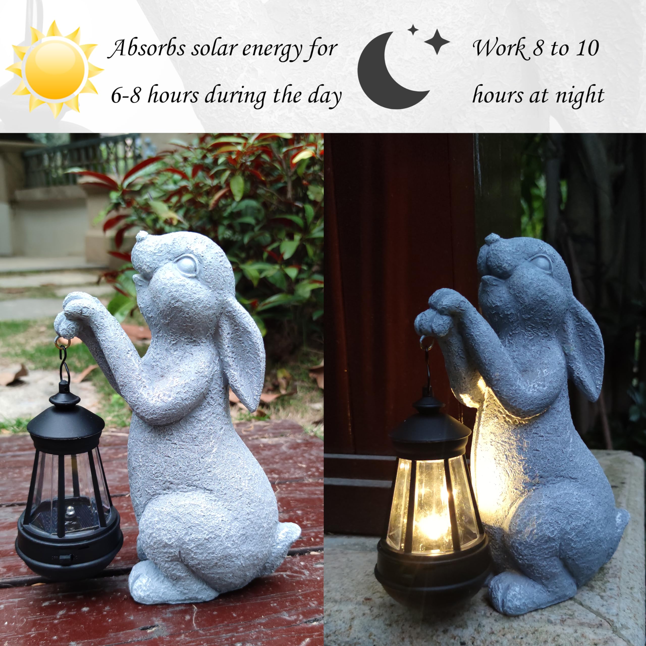 Vioyouns Rabbit Solar Garden Outdoor Statues,Resin Rabbit Figurine Decorations With Solar Lights Lantern, Outdoor Rabbit Art Dec