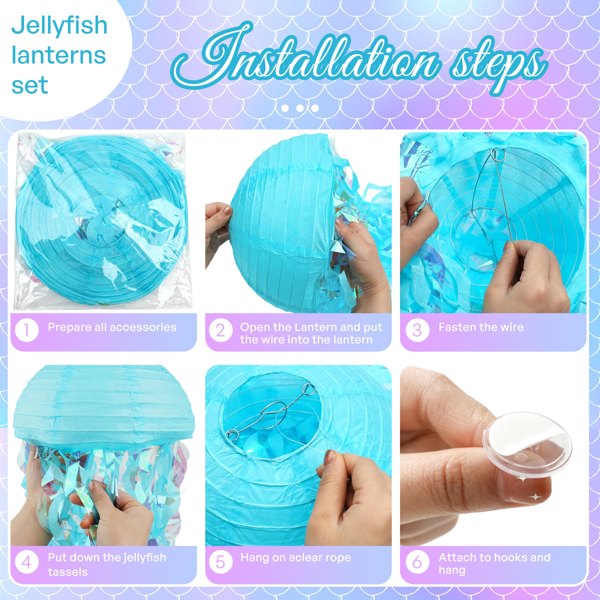 Bisanzoya 8 pcs Jellyfish Paper Lanterns Ocean Decorations, Metal, Dark Blue/Light Blue/White, for Birthday & Baby Shower