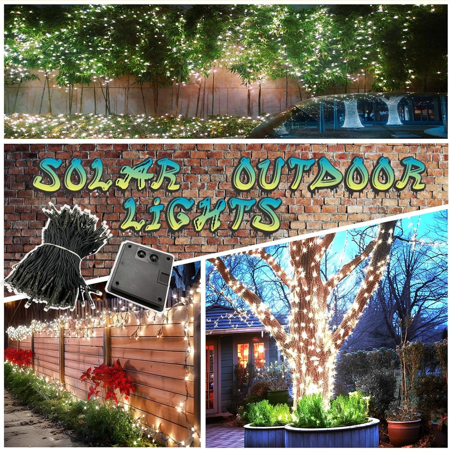 OZS Solar Christmas String Lights 480LED 6 Pack Waterproof Green Wire Cool White for Outdoor Garden Party Wedding Decorations