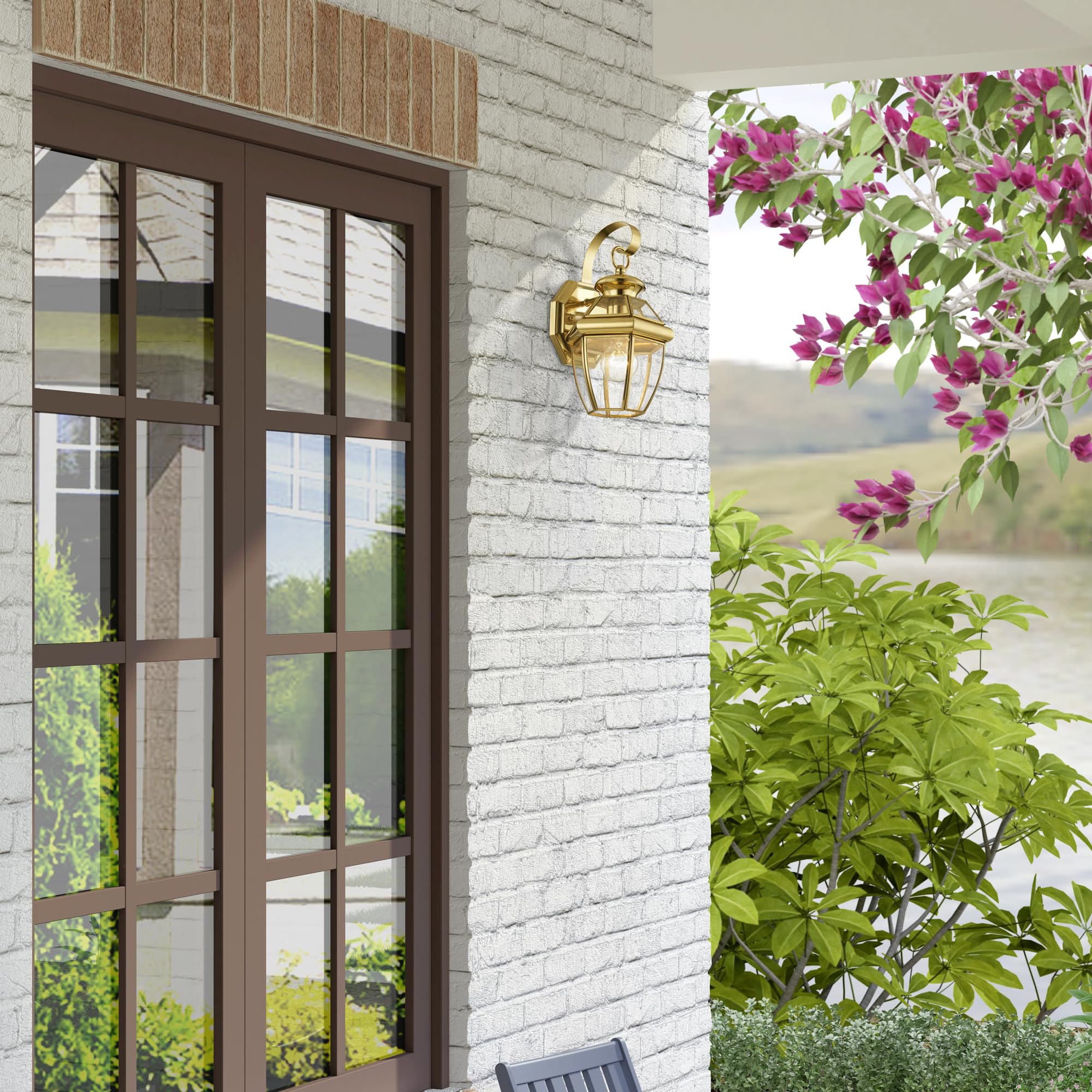 Livex Lighting 2051-02 Monterey 1 Light Outdoor Polished Brass Finish Solid Brass Wall Lantern With Clear Beveled Glass, Gold
