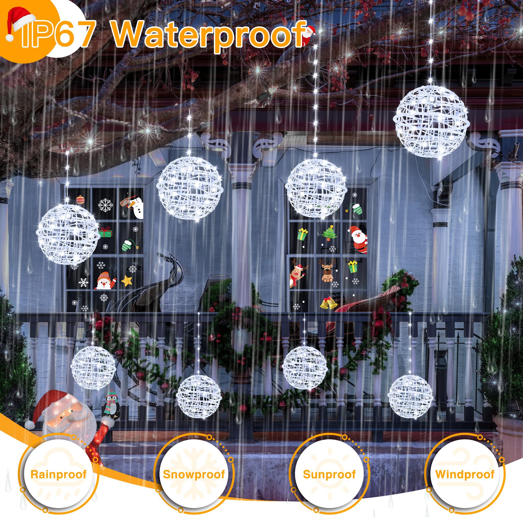 Ollny Christmas Lights Outdoor 4Pack 7.87Inch, Cool White 200 Led Ball Light With Plug In Remote, 8 Modes Ip67 Waterproof Connec