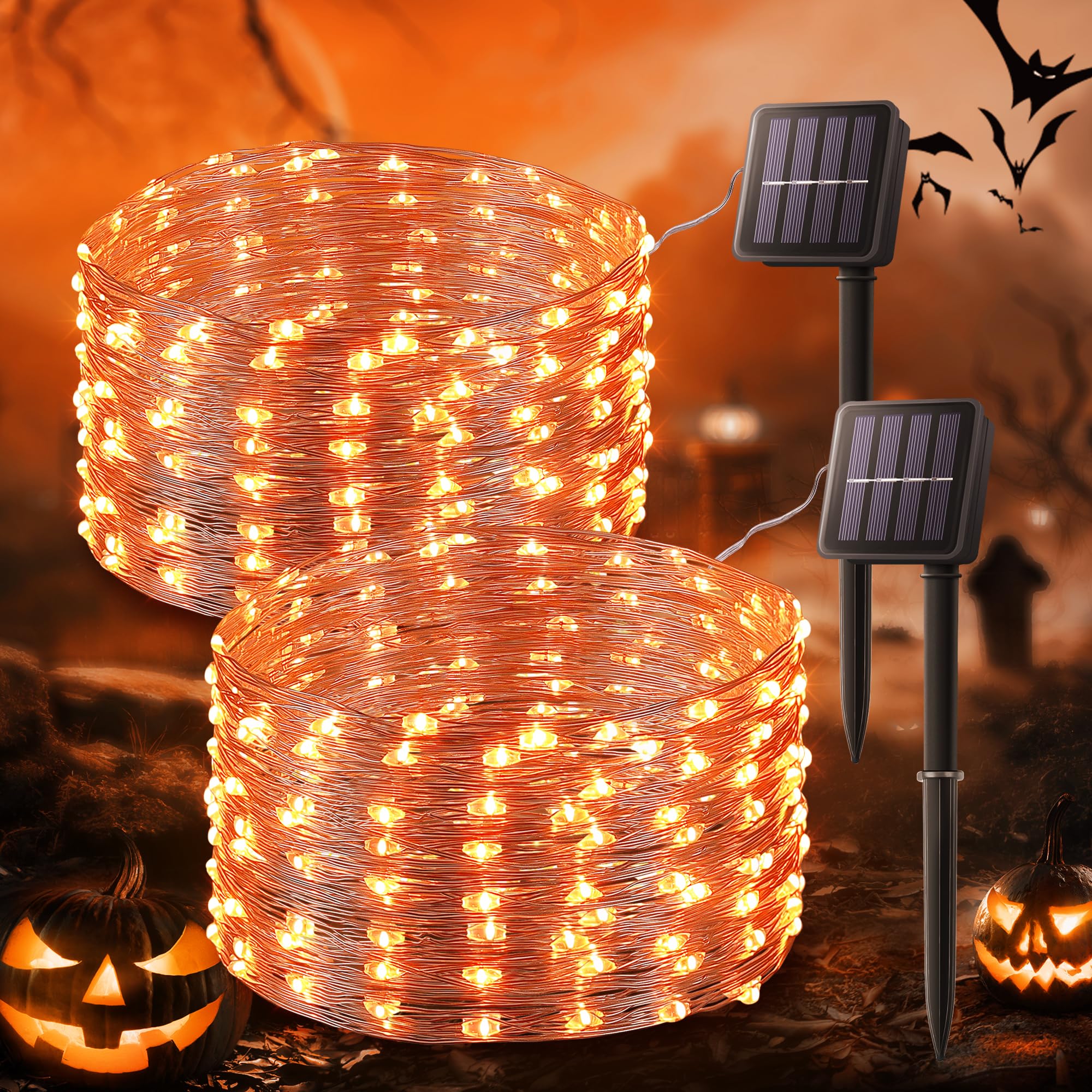 BEEWIN Solar Fairy Lights 100 LED 33ft Copper Wire Waterproof Orange 2 Pack Model 5012638