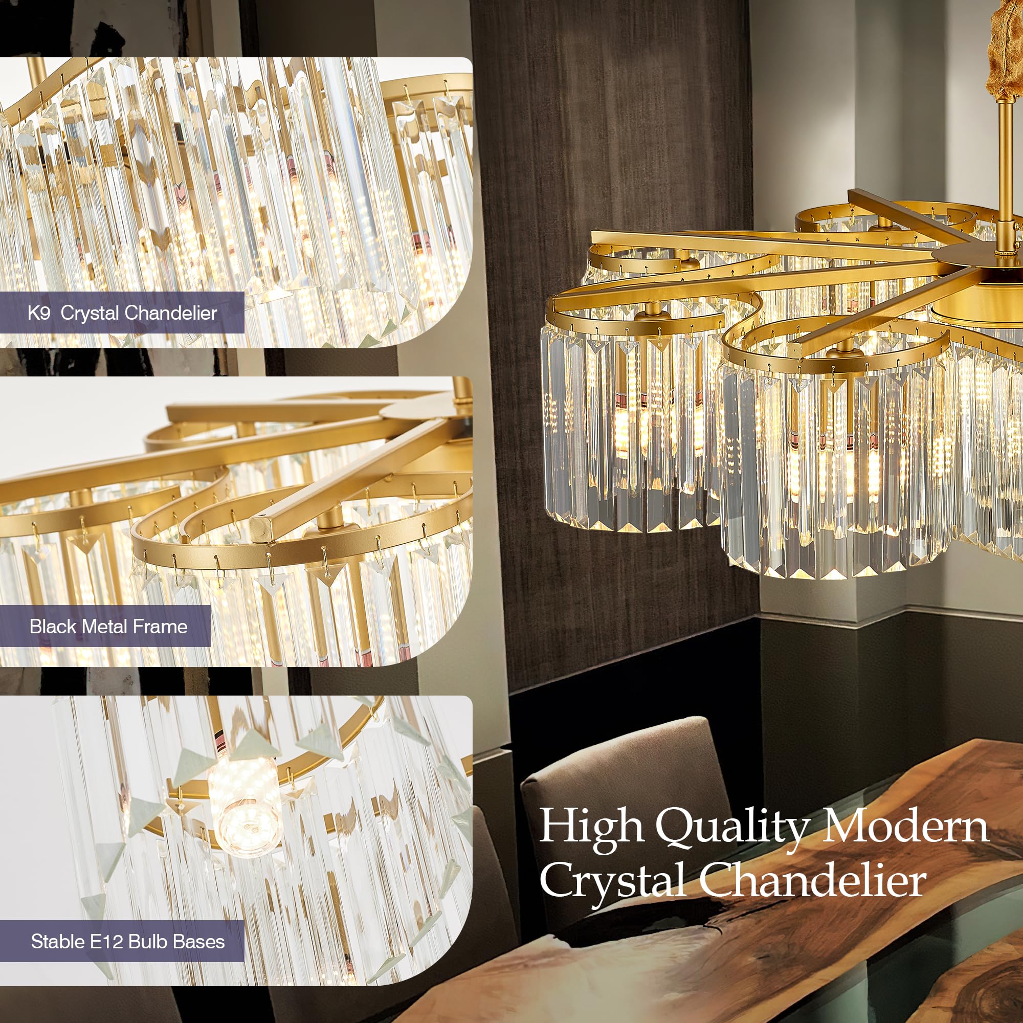Salaiwei 30.3 Gold Semi Flush Mount Ceiling Light Fixtures, 8-Light Gold Modern Crystal Chandelier Height Adjustable Pendant Lig