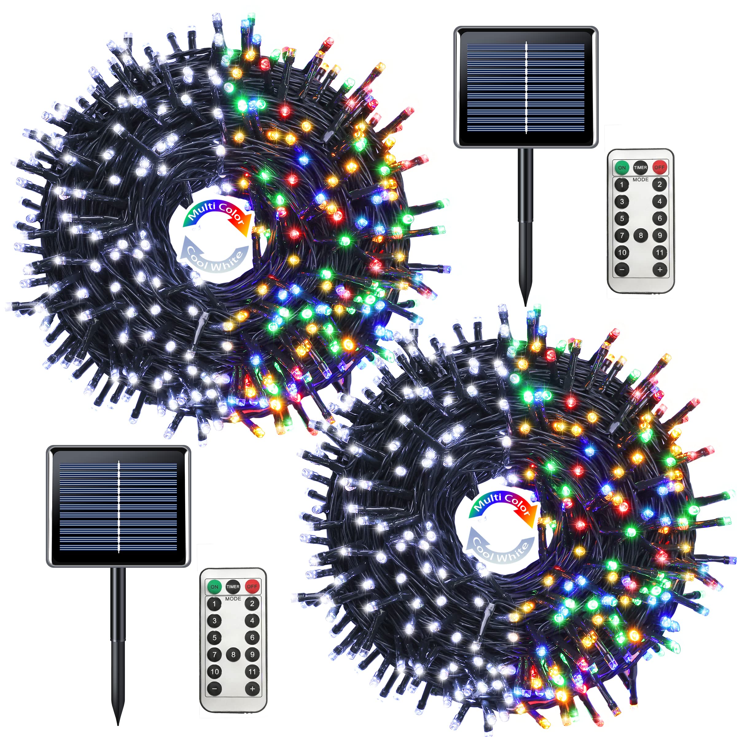 JMEXSUSS Solar String Lights, 200 LED, 75.5ft, Color Changing, Waterproof, Remote Control, White to Multicolor, 2 Pack