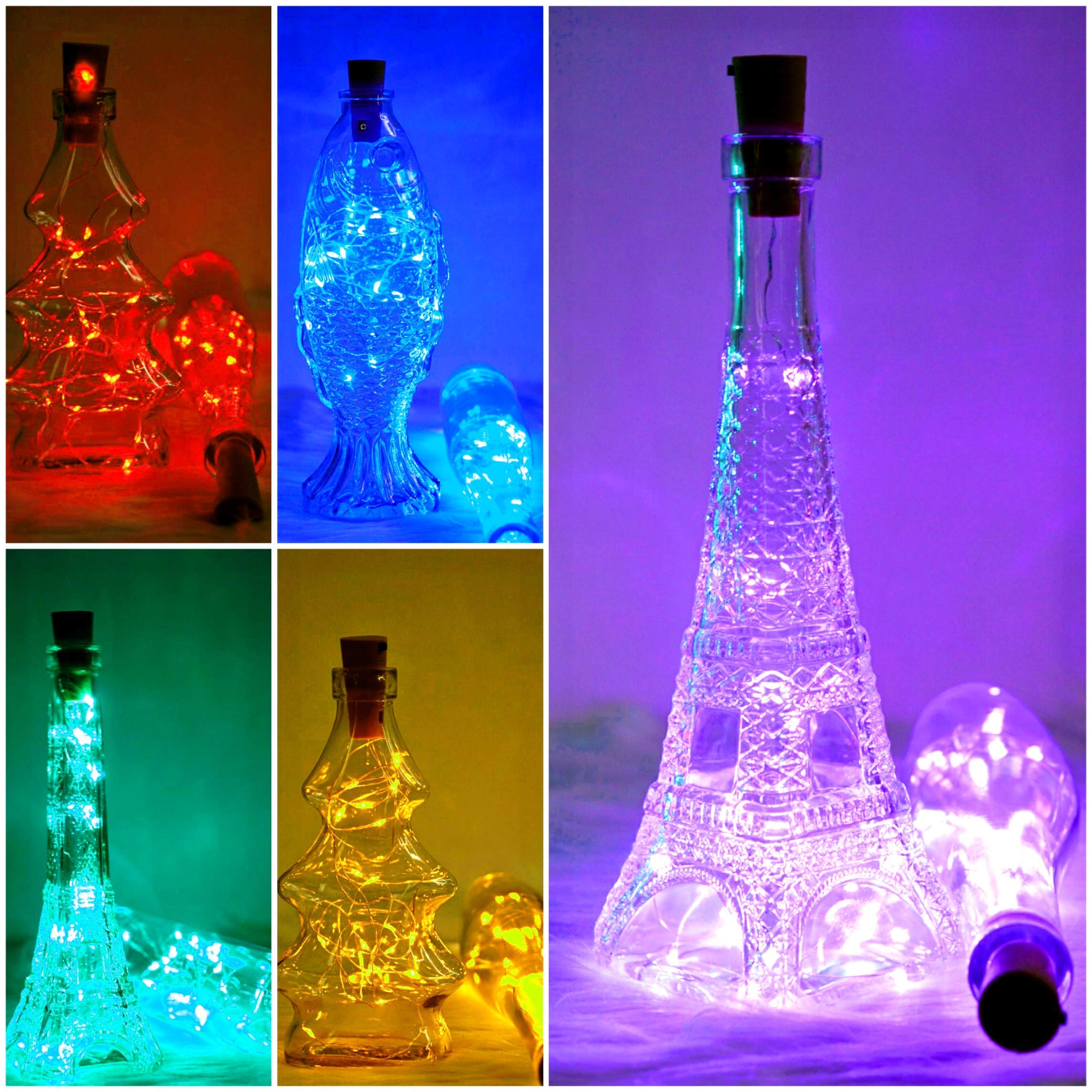SmilingTown Wine Bottle Cork Lights 15-Pack, 10 LED, 40 Inches, Battery Operated, Copper Wire, Multi-Color (Blue, Yellow, Purple, Green, Red)