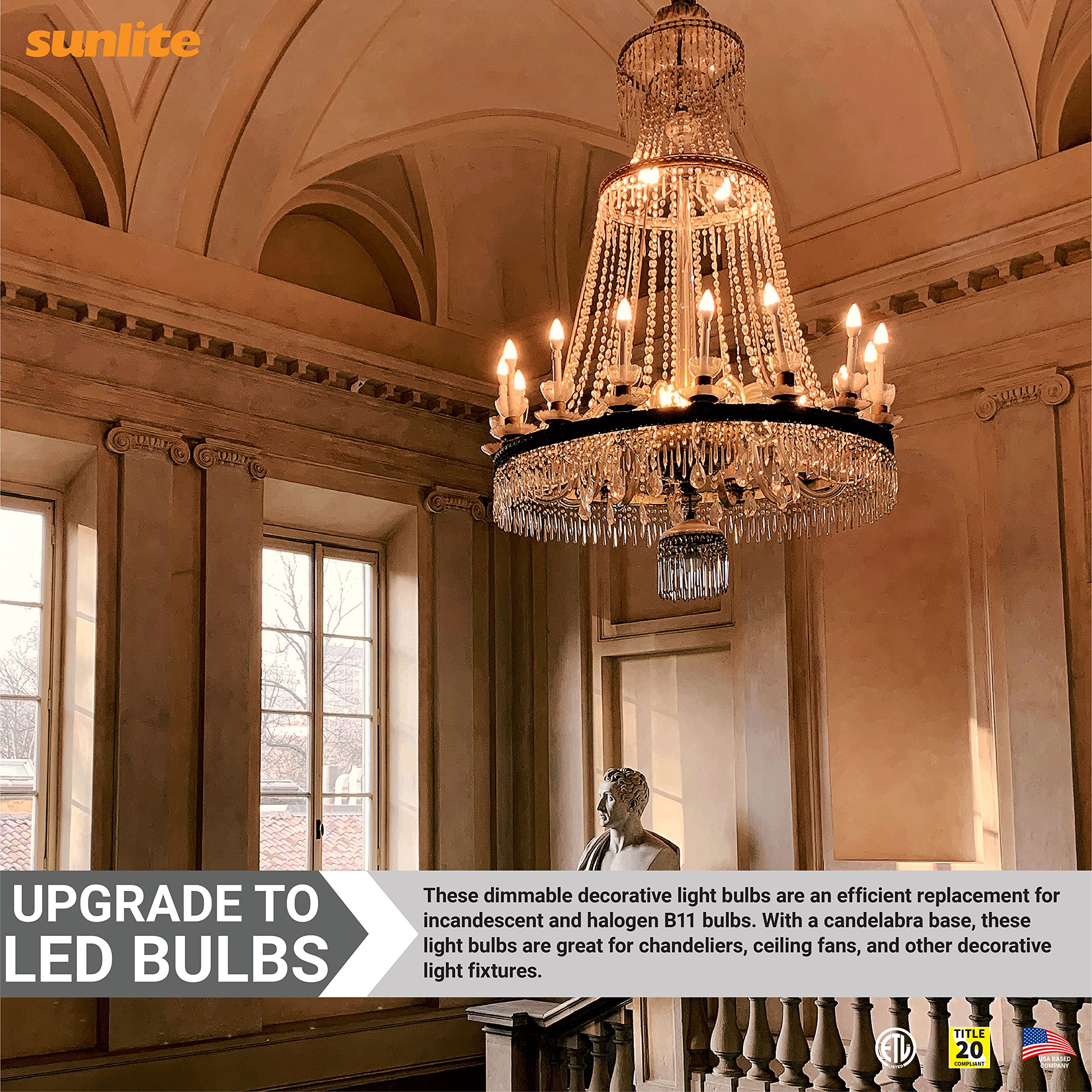 Sunlite LED B13 Chandelier Light Bulb, 7W (60W Equivalent), 500 Lumens, Dimmable, E12 Base, 2700K Soft White, 6