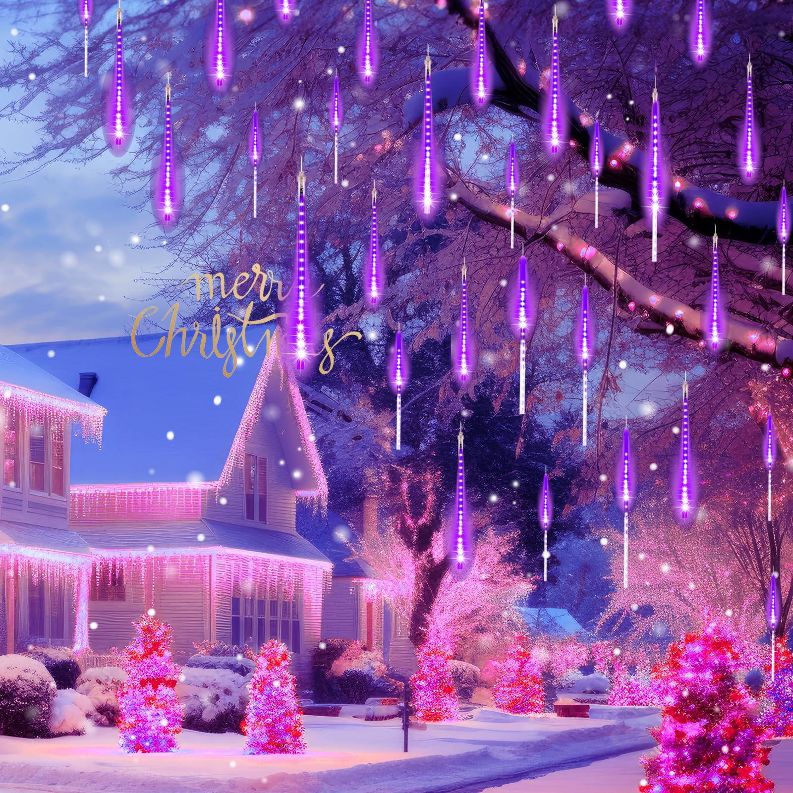 Brightown Meteor Shower Lights Outdoor 360 LED Icicle Light 10 Tube 16 Inch Purple for Holiday Xmas Decoration