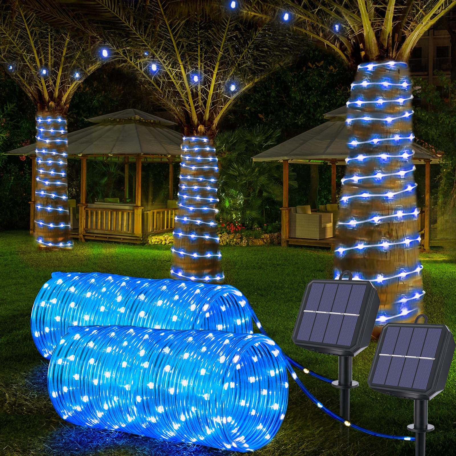 Jnaurb Solar Rope Lights, 400LED 132ft Waterproof String Lights, Flexible Plastic, 8 Modes, Blue