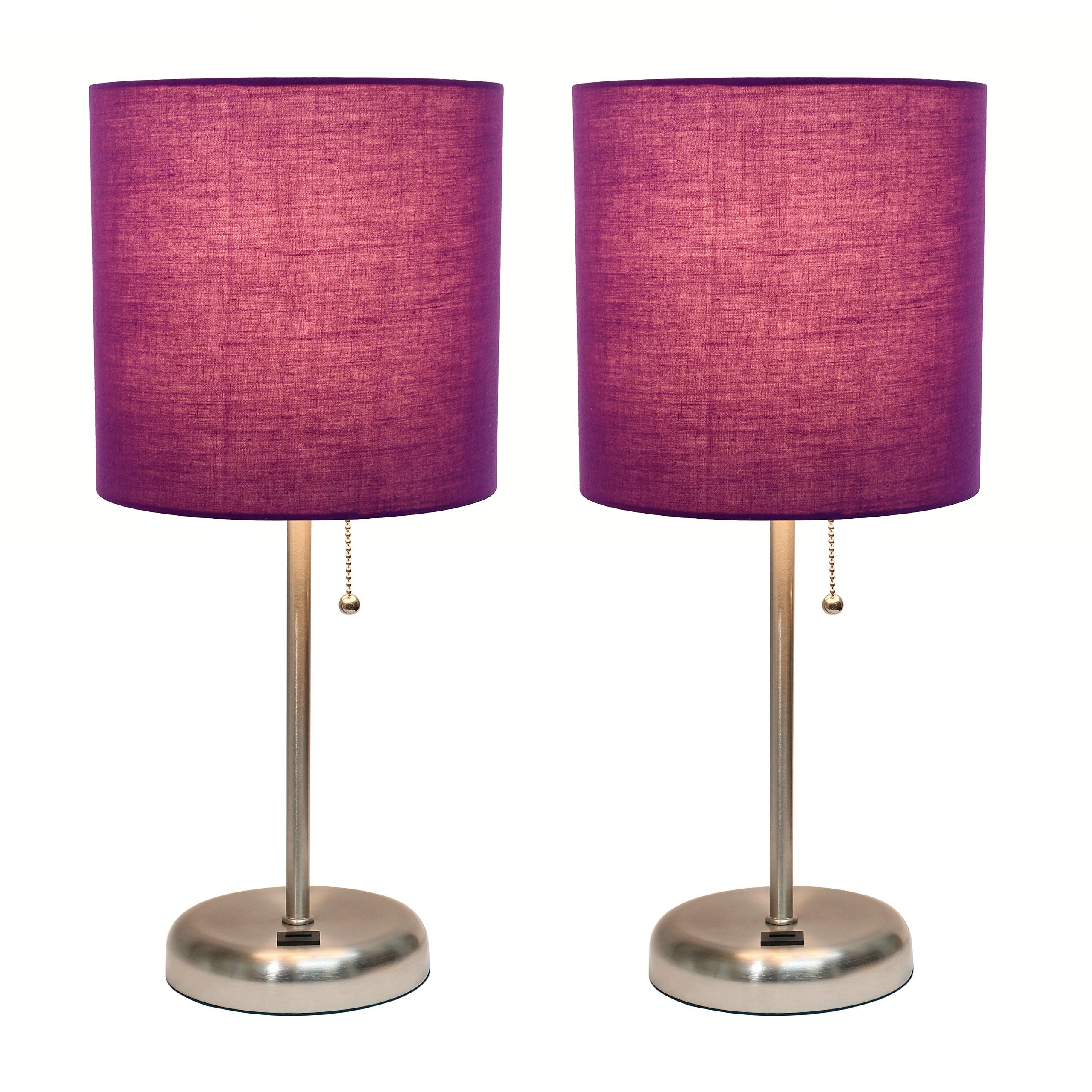 Simple Designs LC2002-PRP-2PK Brushed Steel Stick Table Lamp Set with USB Charging Port and Purple Fabric Shades  2 Pack Set