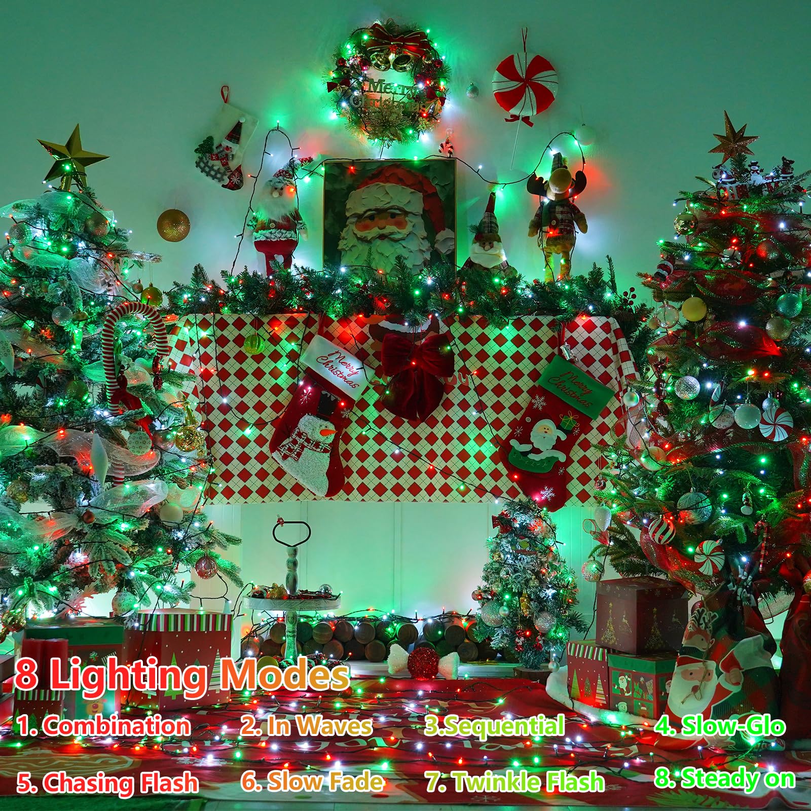 Yeguo 165Ft 500 Led Christmas Lights Outdoor Waterproof  8 Modes Red White And Green String Lights Plug In  Green Wire Twinkle Tree Lights Indoor With Timer Memory