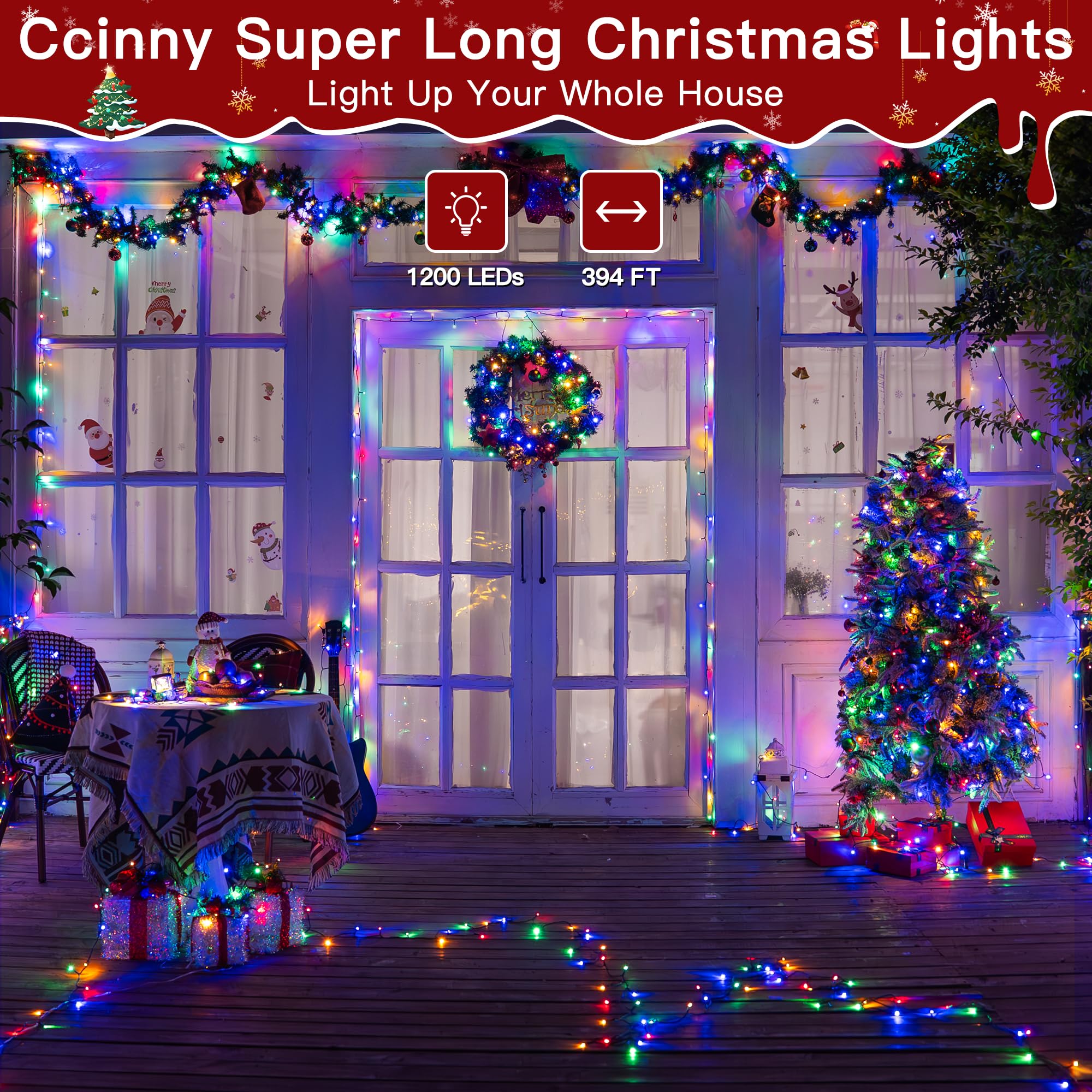 Ccinny 394Ft 1200 Led Christmas Lights Outdoor  Christmas Tree Lights Plug In  8 Modes Twinkle String Lights For Bedroom Wedding Party Holiday Xmas Home Decorations Multicolored