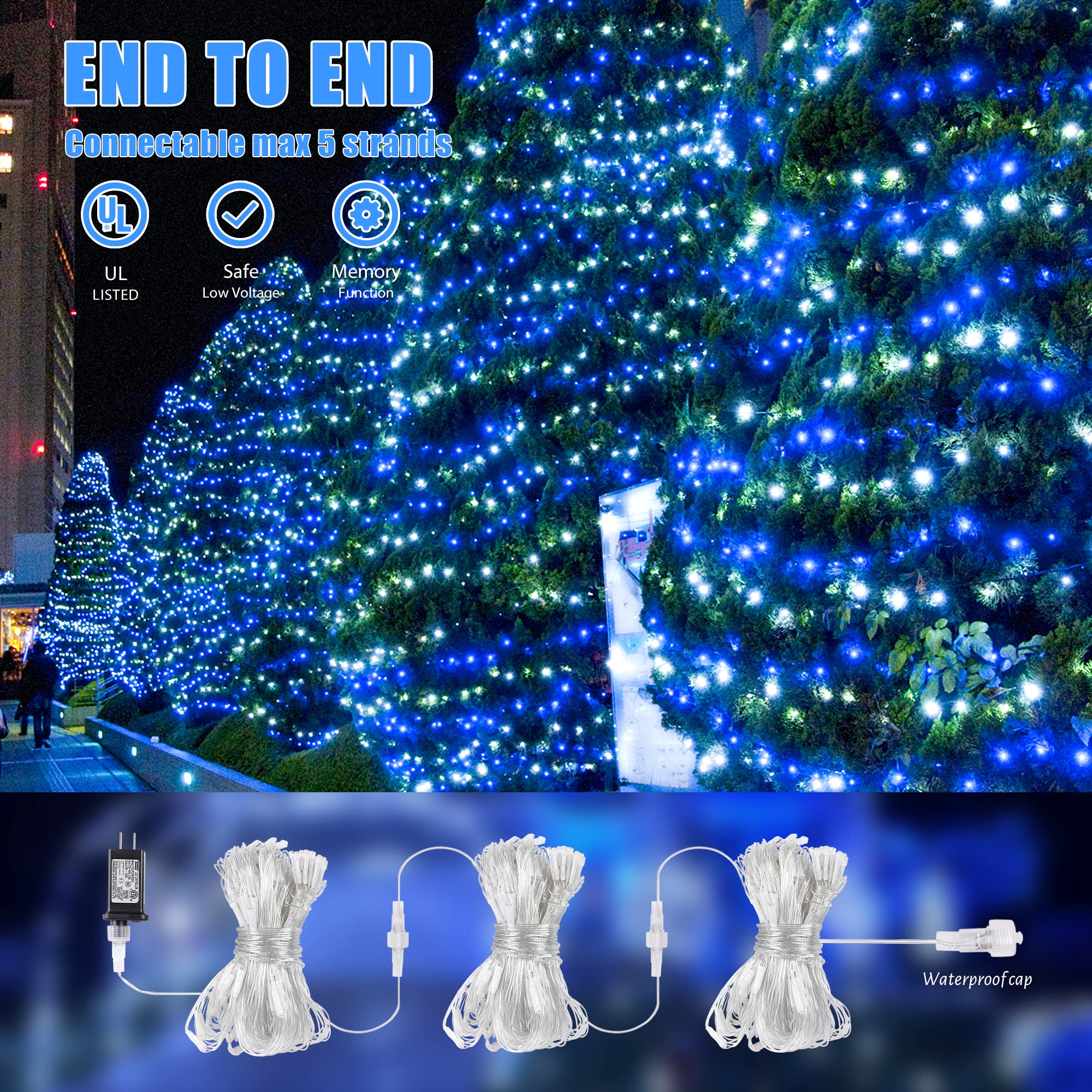 HEYFUNi 192 LED Net Lights – Waterproof Blue White Mesh Lights, 8 Modes, 9.8ft x 6.6ft, Model QX-U-O-N-192-BW