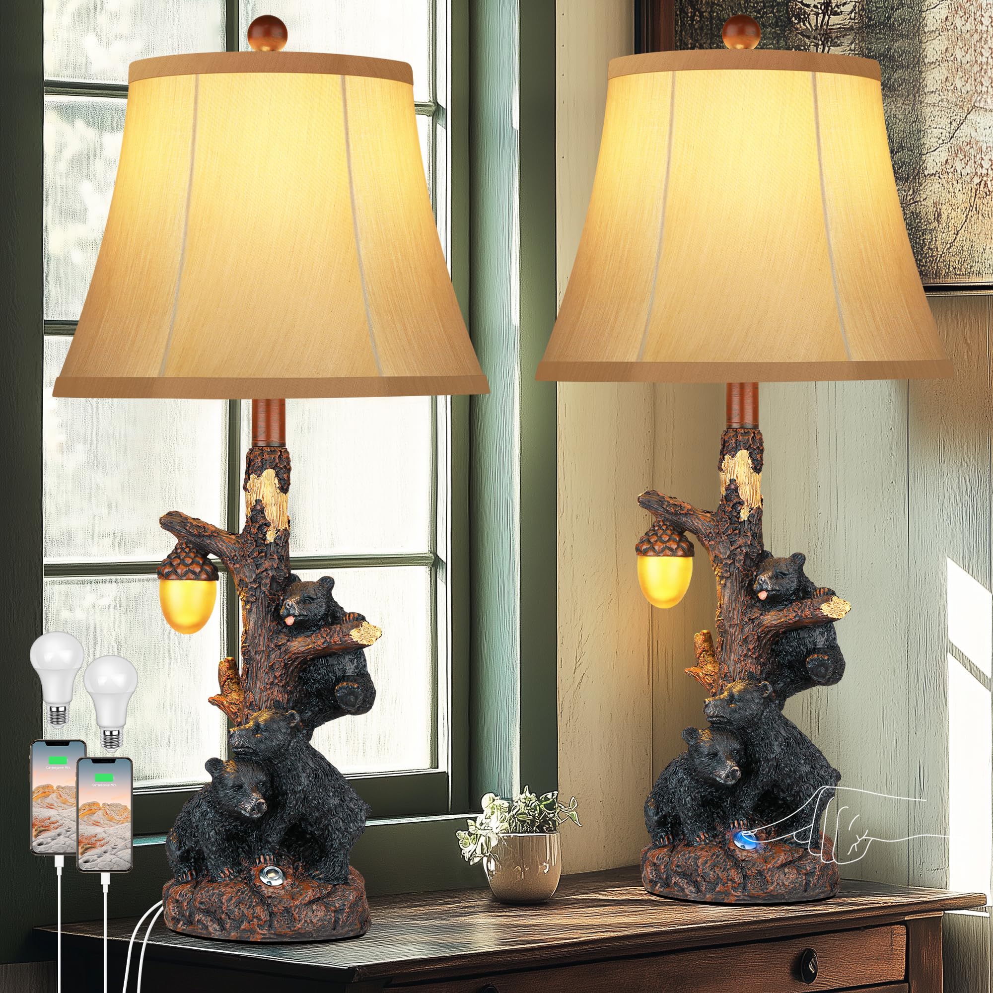 Set of 2 Bear Bedside Table Lamps for Bedroom with Nightlight & USB A+C,Touch Accent Cottage Table Lamps for Living Room,Farmhou