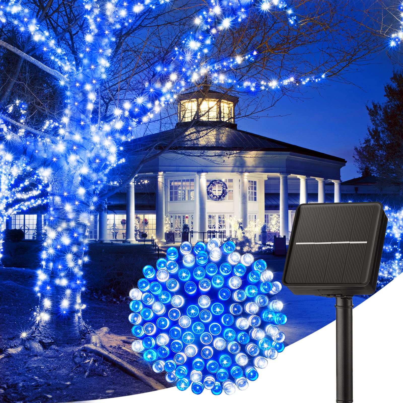 Minetom Solar Christmas Lights Outdoor Waterproof, 40Ft 100 Led Solar Lights With 8 Modes, Solar Christmas Outdoor Decoration, Solar String Lights For Outside House Tree Party Yard, Blue& Pure White