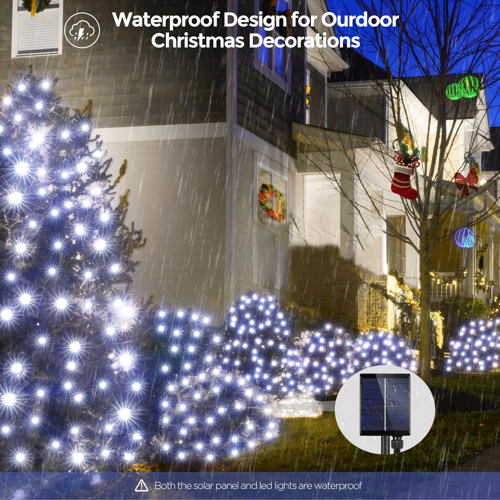 WBao Solar Christmas Net Lights 200LED, 8.4ft x 5.2ft, Cool White, Remote Control, 8 Modes, Waterproof Outdoor Decorations, Model EDK-290