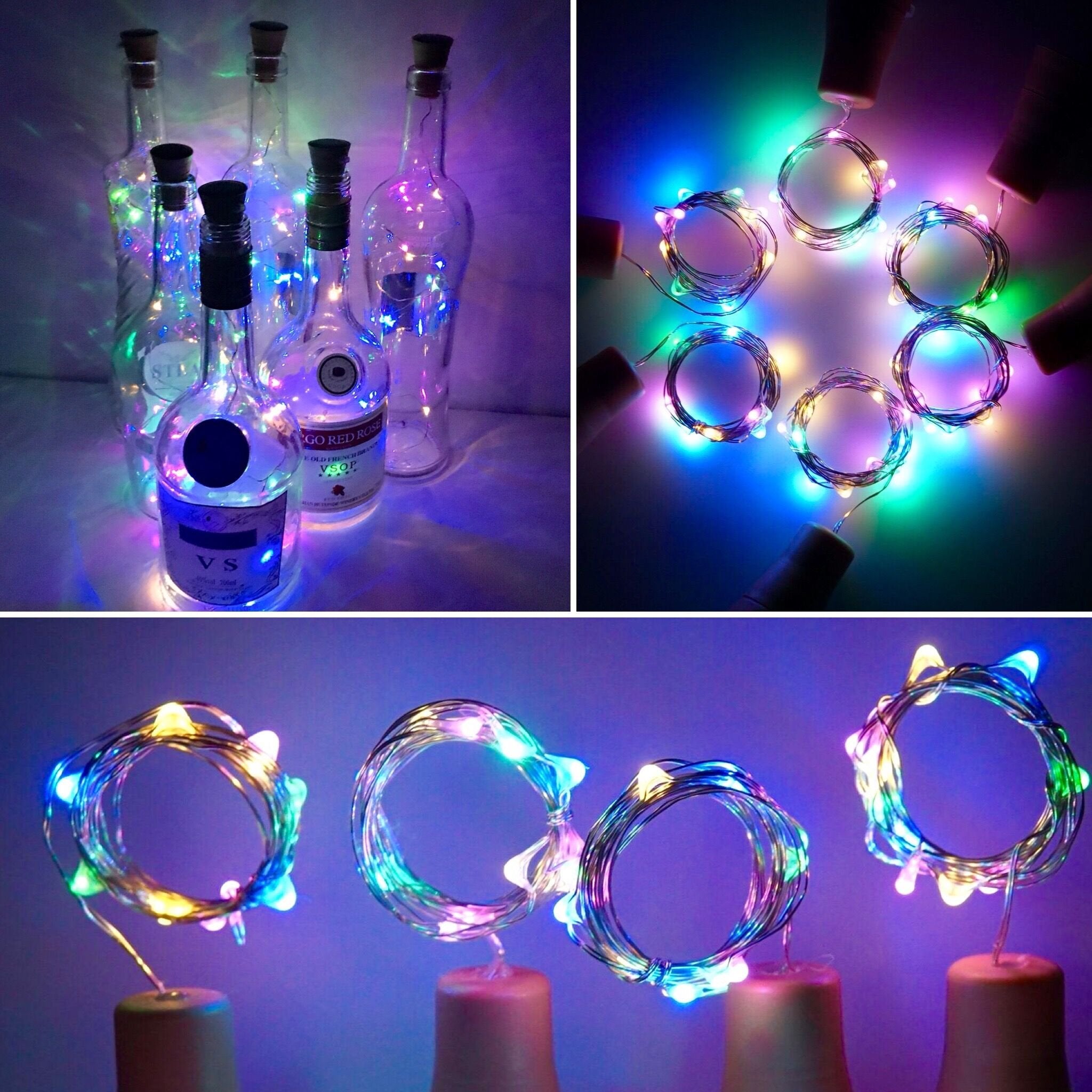 LoveNite 10 Pack Wine Bottle Lights, Battery Operated LED Cork Shape Fairy String Lights, Colorful, Silver Wire, 4 Colors