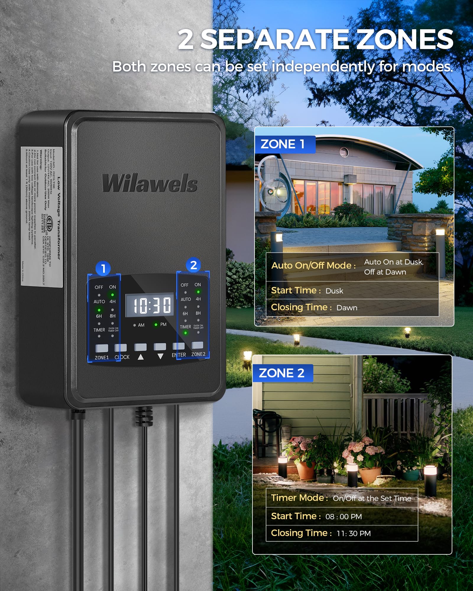 Wilawels 200W Low Voltage Landscape Transformer, 2 Zone Independent Control, Landscape Lighting Transformer, 120V Ac To 12/14V A