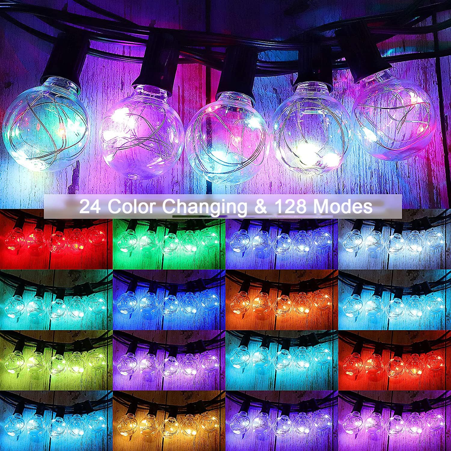 OMIKA 50FT Waterproof Outdoor String Lights, 50+2 Dimmable G40 Bulbs, 18 Colors Changing, Connectable for Patio & Backyard Parties