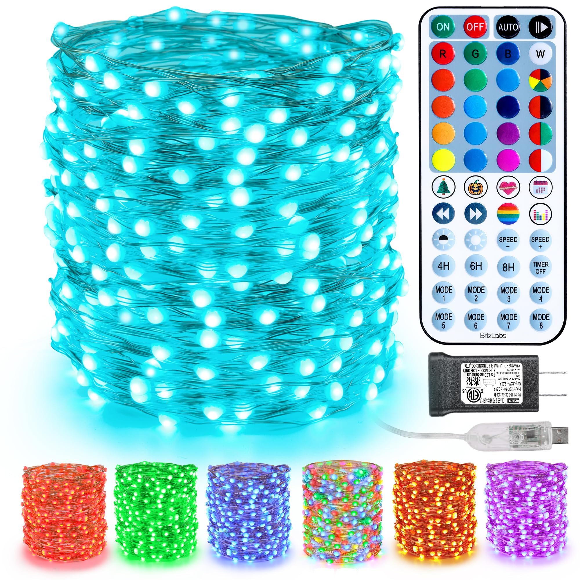 BrizLabs Color Changing Fairy Lights, 66ft, 200 LED, Copper, Model JT-DC050V2000-D, USB+Adapter, Indoor Xmas Halloween Decor