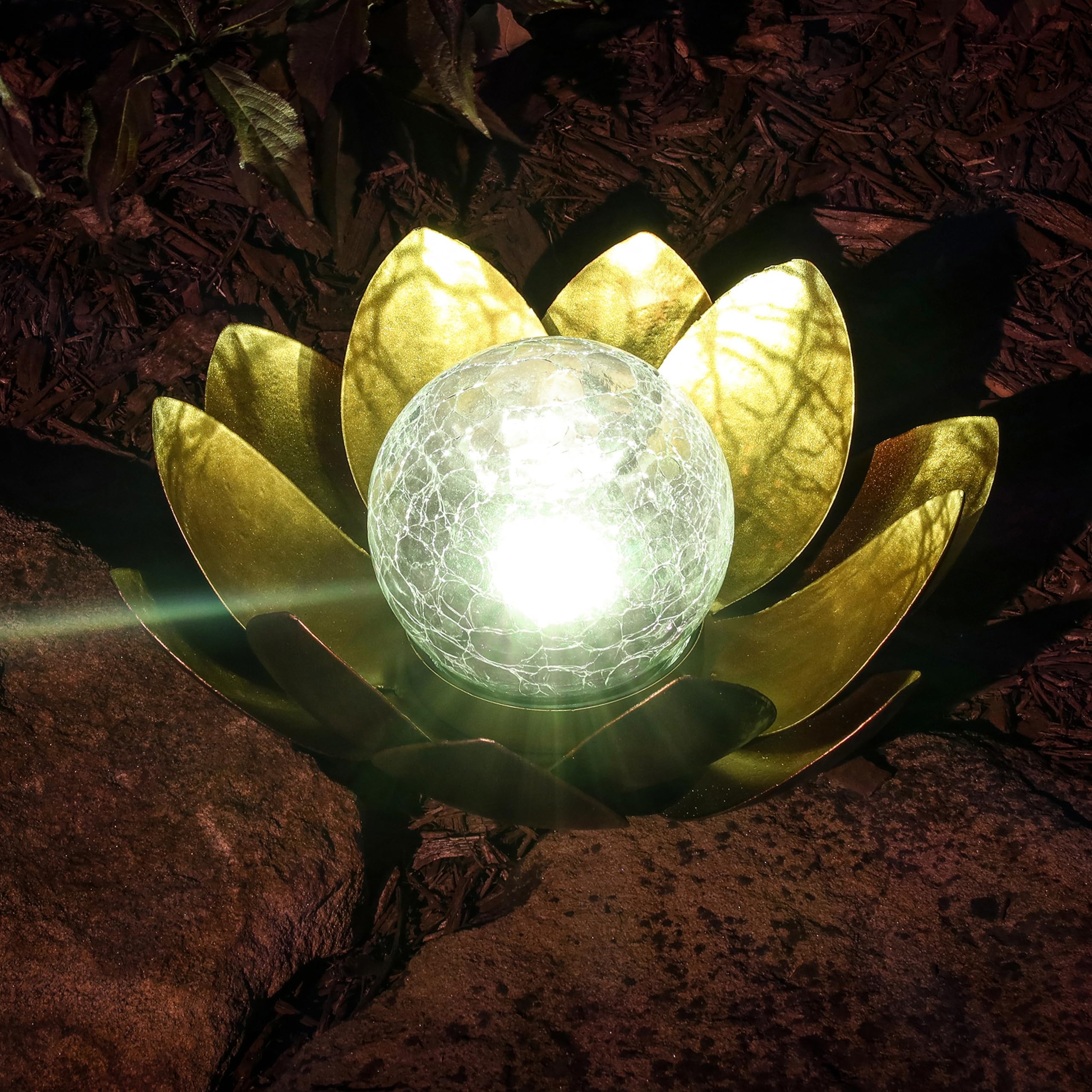 MooneLit Creations MCSLOTUS-G Gold Lotus Flower Solar LED Garden Light with Crackled Glass Globe - Waterproof Metal Outdoor D  c
