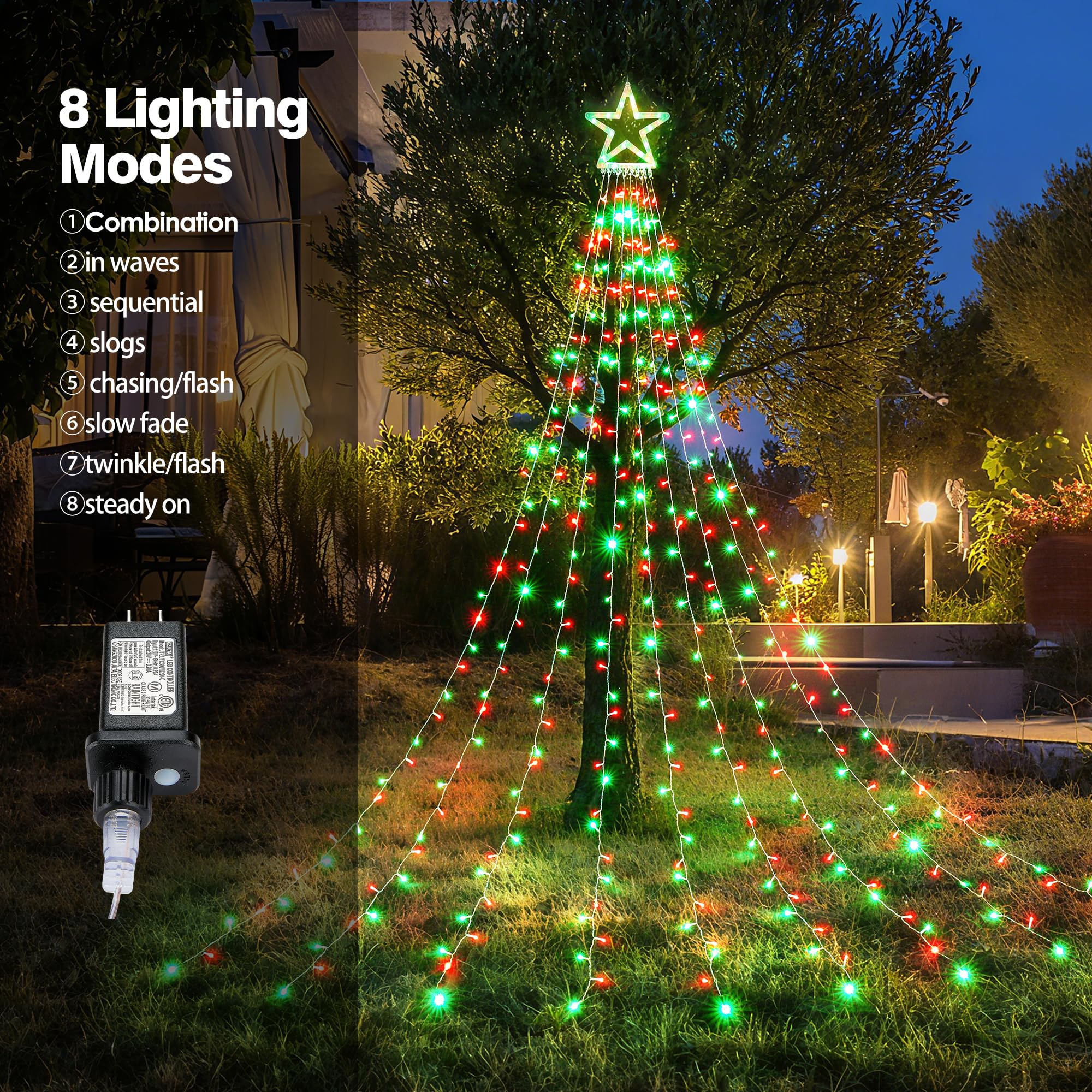 Blctec Outdoor Christmas Decorations 317 Leds Christmas Lights With 9 Strands 11.9Ft Waterfall Christmas Tree Lights  8 Modes  Waterproof  Topper Star & Timer For Yard Patio Xmas D?Or  Red Green