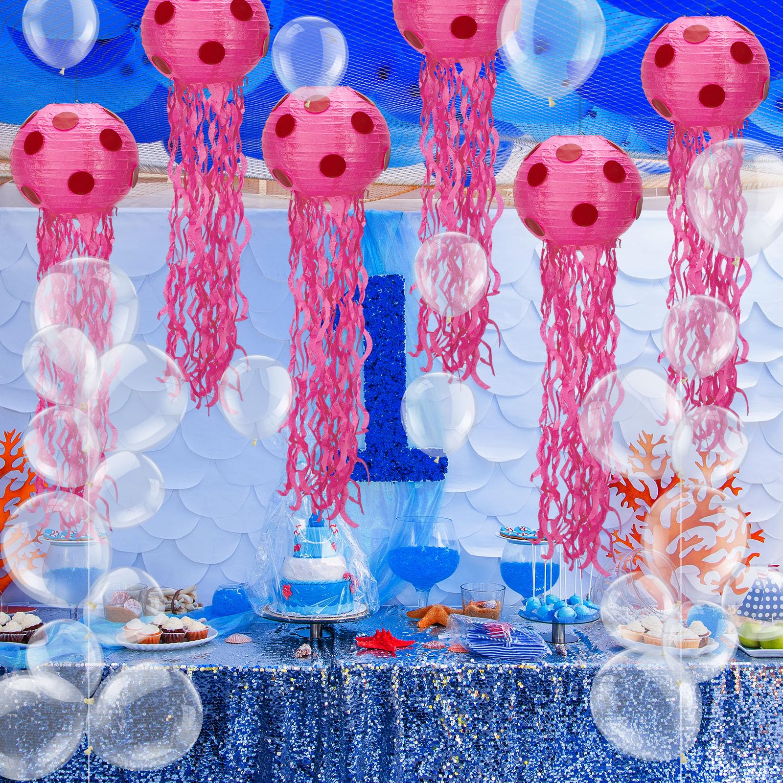 Lunmon 6 Set Sponge Party Hanging Jellyfish Decorations 8 Inch Jellyfish Paper Lanterns with 100 Pcs 5 Inch 10 Inch Clear Balloo