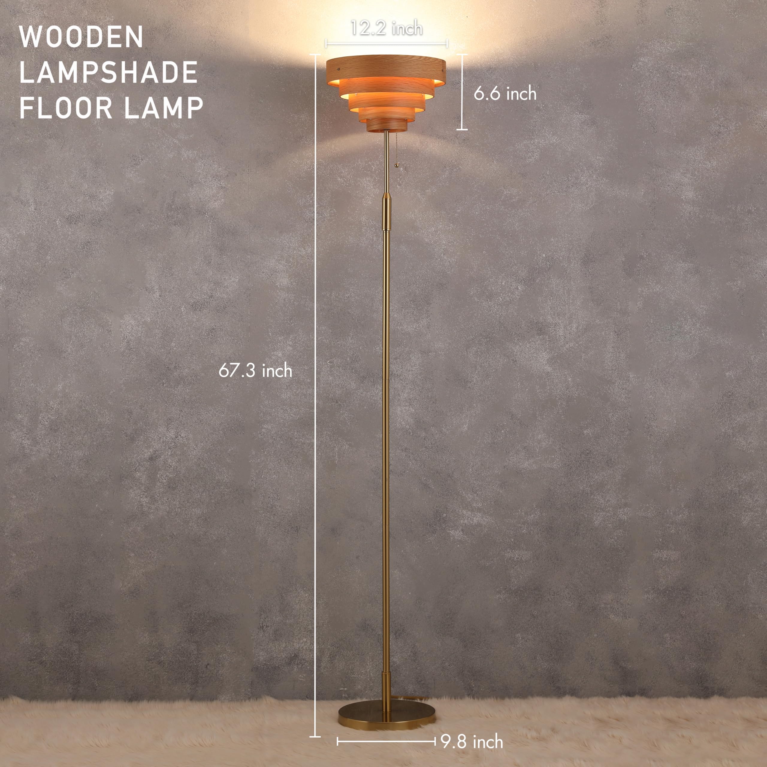 OBright Cascade Floor Lamp - Modern Wooden Lampshade, E26 Socket, Pull Chain Switch, Metal Base, Antique Brass