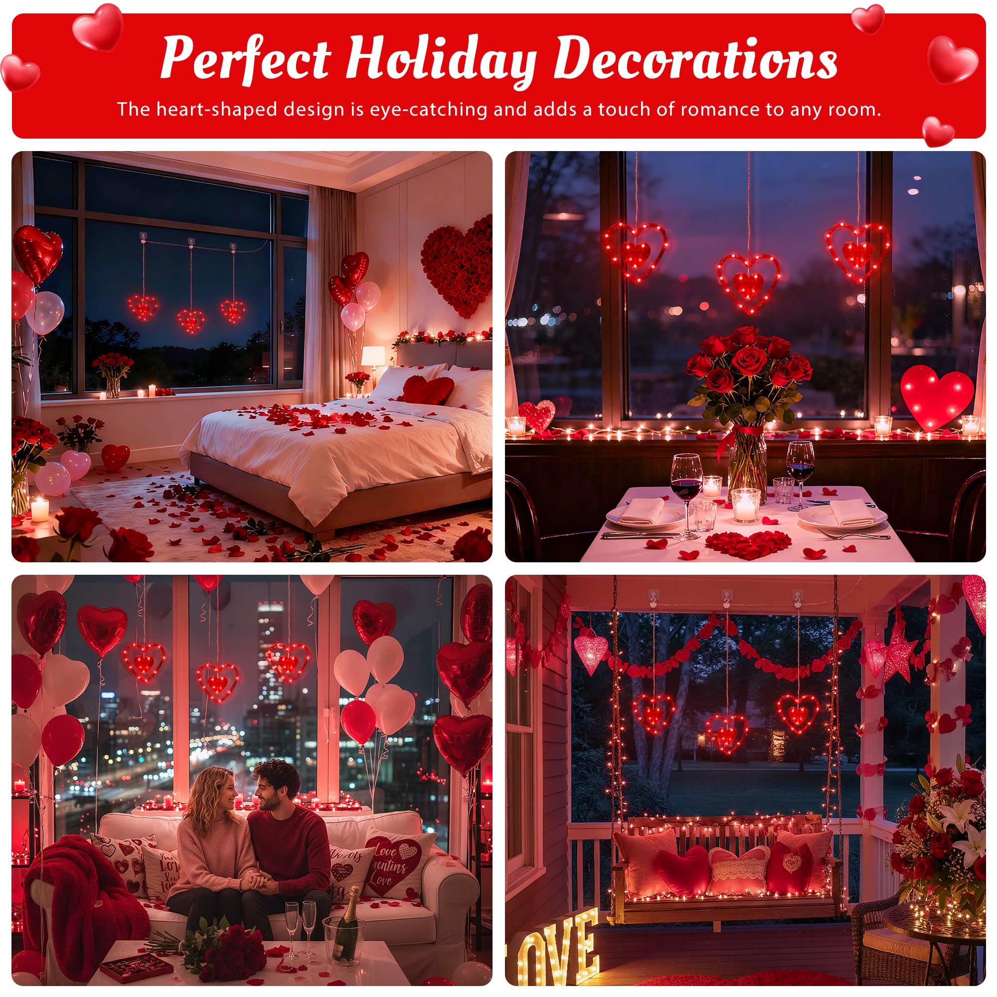 Hopolon Valentines Day Window Lights 2Ft 45Led Red Heart Valentines Day Decorations Lights Battery/Usb Operated Light Waterproof  8Modes&Timer For Indoor Outdoor Holiday Home Wall Door Decor(4Hooks)
