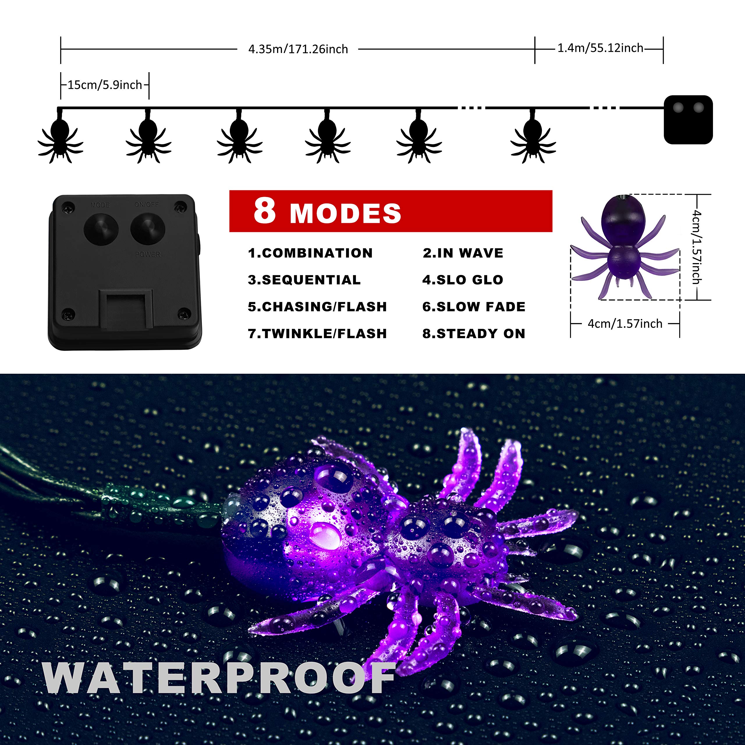Qunlight Halloween Solar String Lights, 30 LED 20ft Purple Spider Lights, 8 Modes, Waterproof Fairy Lights for Party Decor