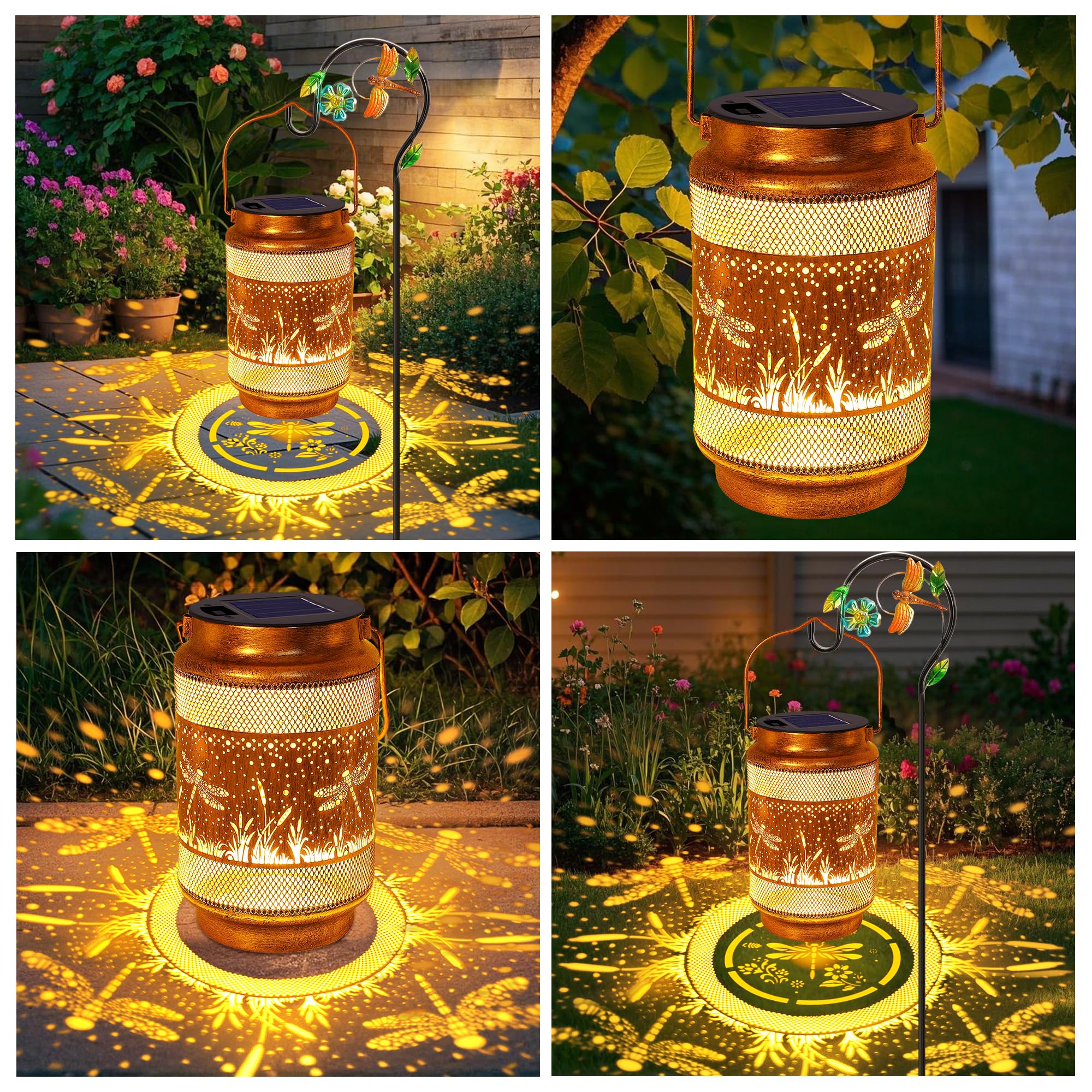 Dragonfly Solar Lanterns Outdoor Waterproof With Shepherd Hook, Birthday Gifts For Women Mom Grandma, Metal Solar Hanging Lights