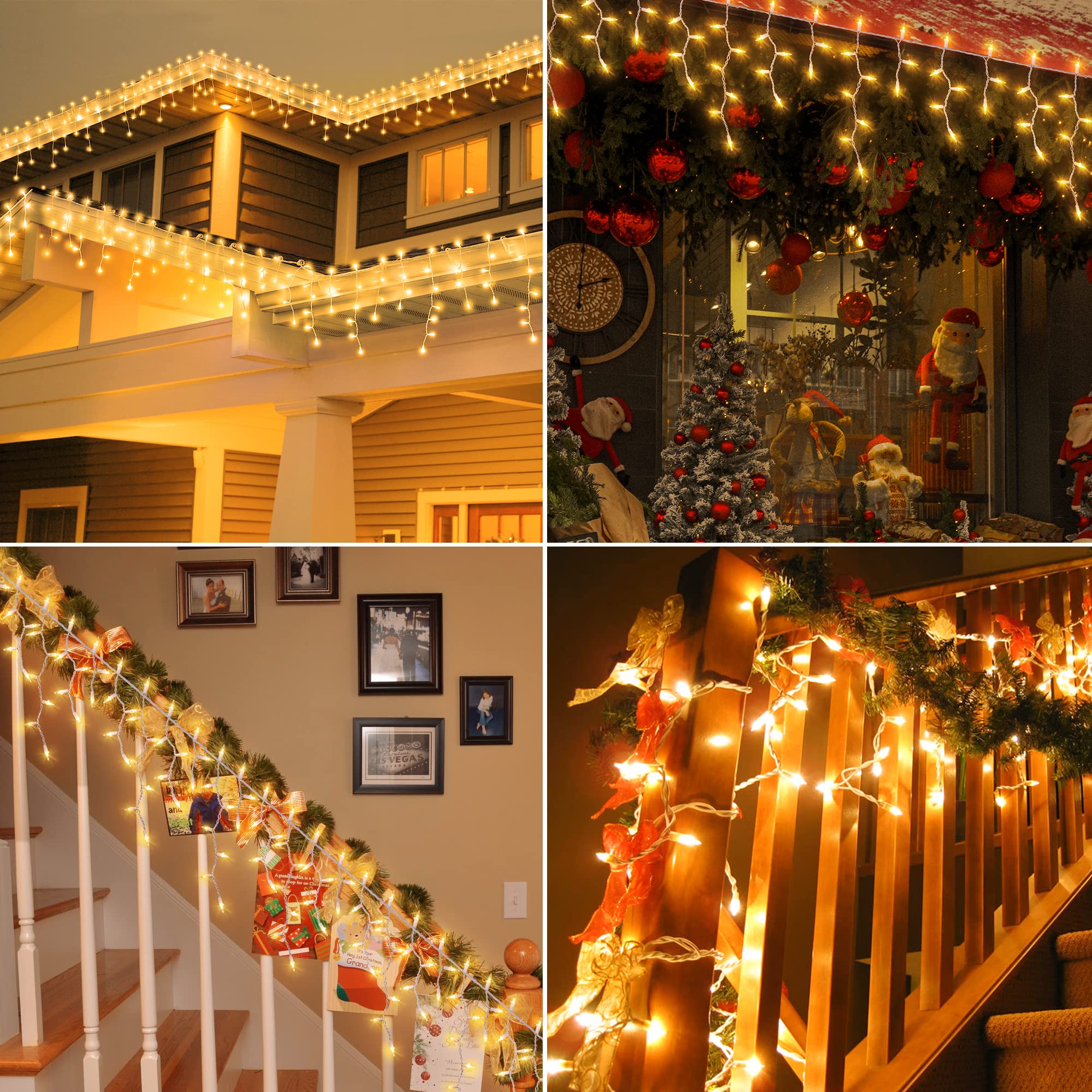 BEEWIN 200 Christmas Icicle Lights, Warm White, 23FT White Wire, Model QX-50-4-C, Indoor/Outdoor Decor