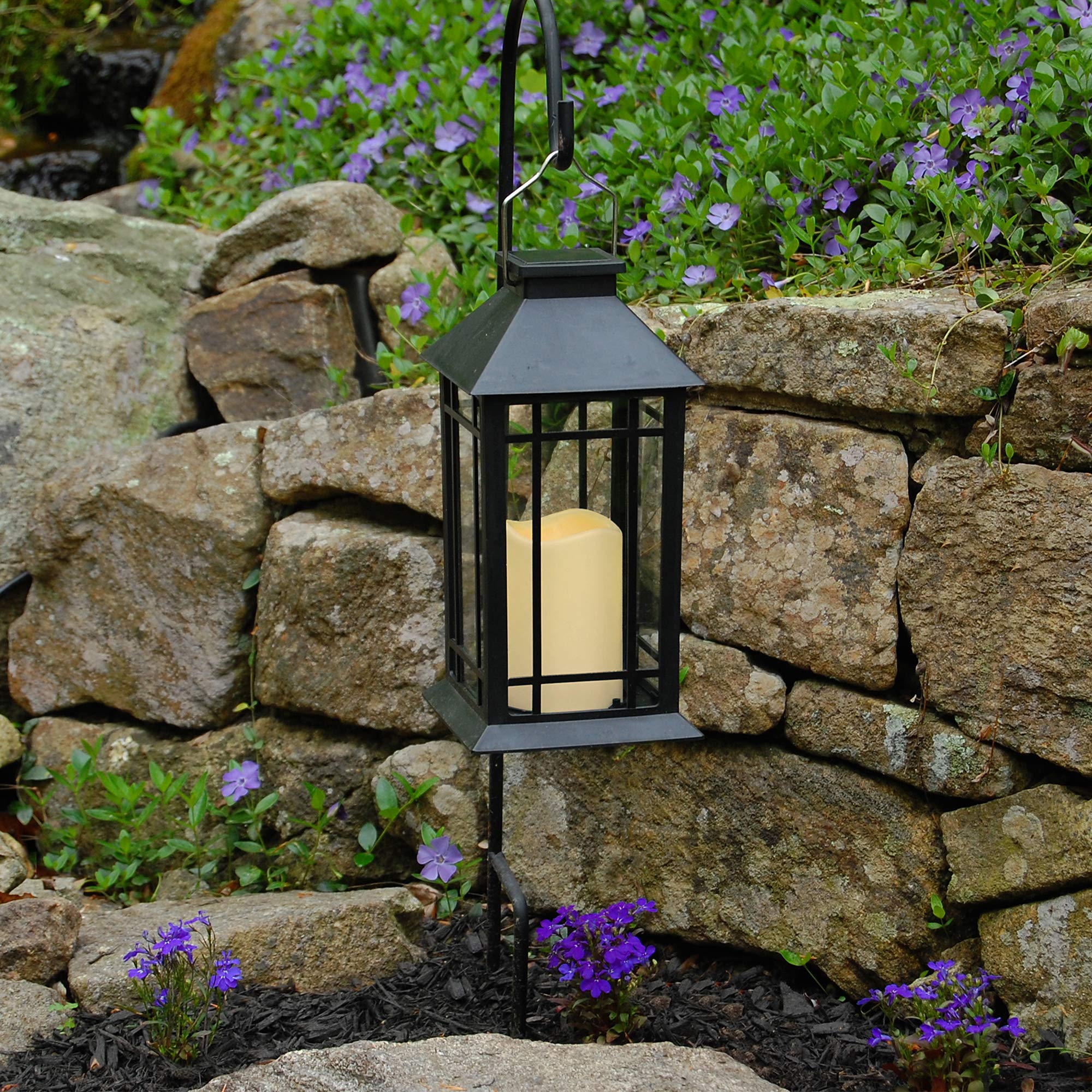 Lumabase Solar Lantern with LED Candle, 11" Black Plastic, Model 94201