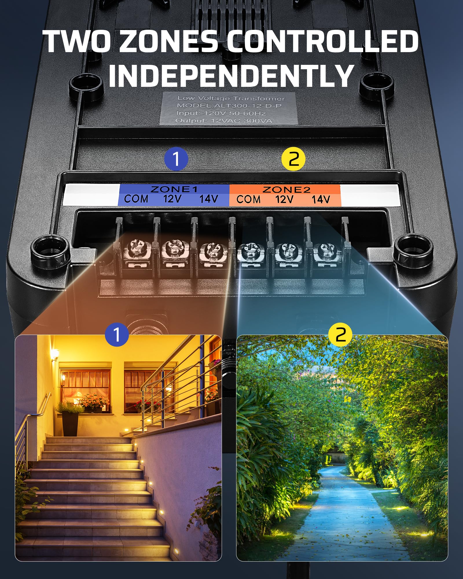 Dewenwils 300W Low Voltage Transformer, 2 Zone Independent Control, 120V Ac To 12V/14V Ac, Landscape Lighting Transformer With T