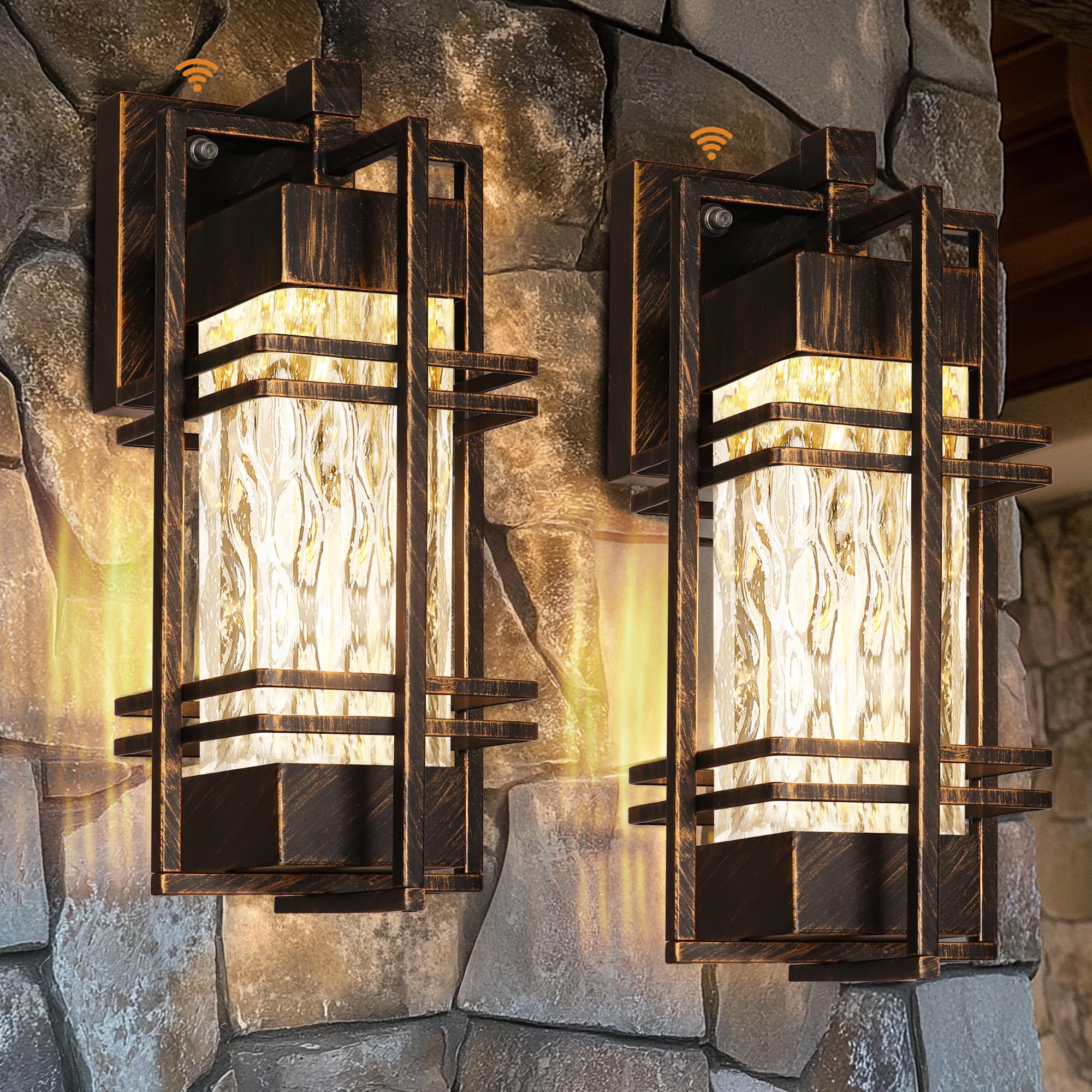 WIHTU Outdoor Wall Sconce Light Fixtures, 2 Pack, Gold-Brushed Black, Aluminum, Model STR-WL-0042, Waterproof, Sensor Included