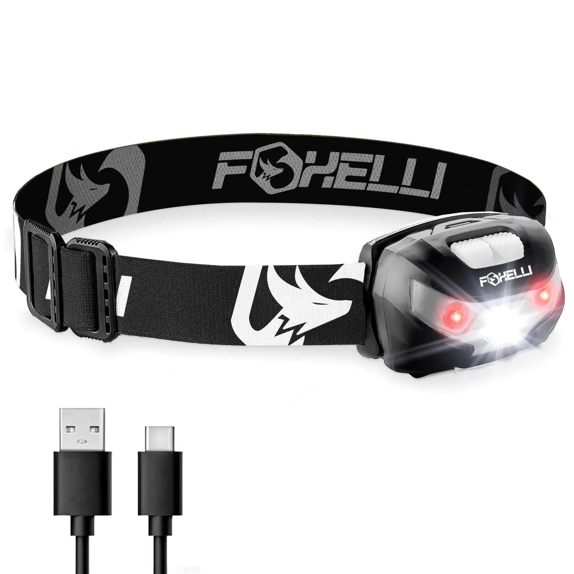 Foxelli Rechargeable LED Headlamp - Super Bright, Lightweight for mature-themeds & Kids - Model FBA_MX10B - Black