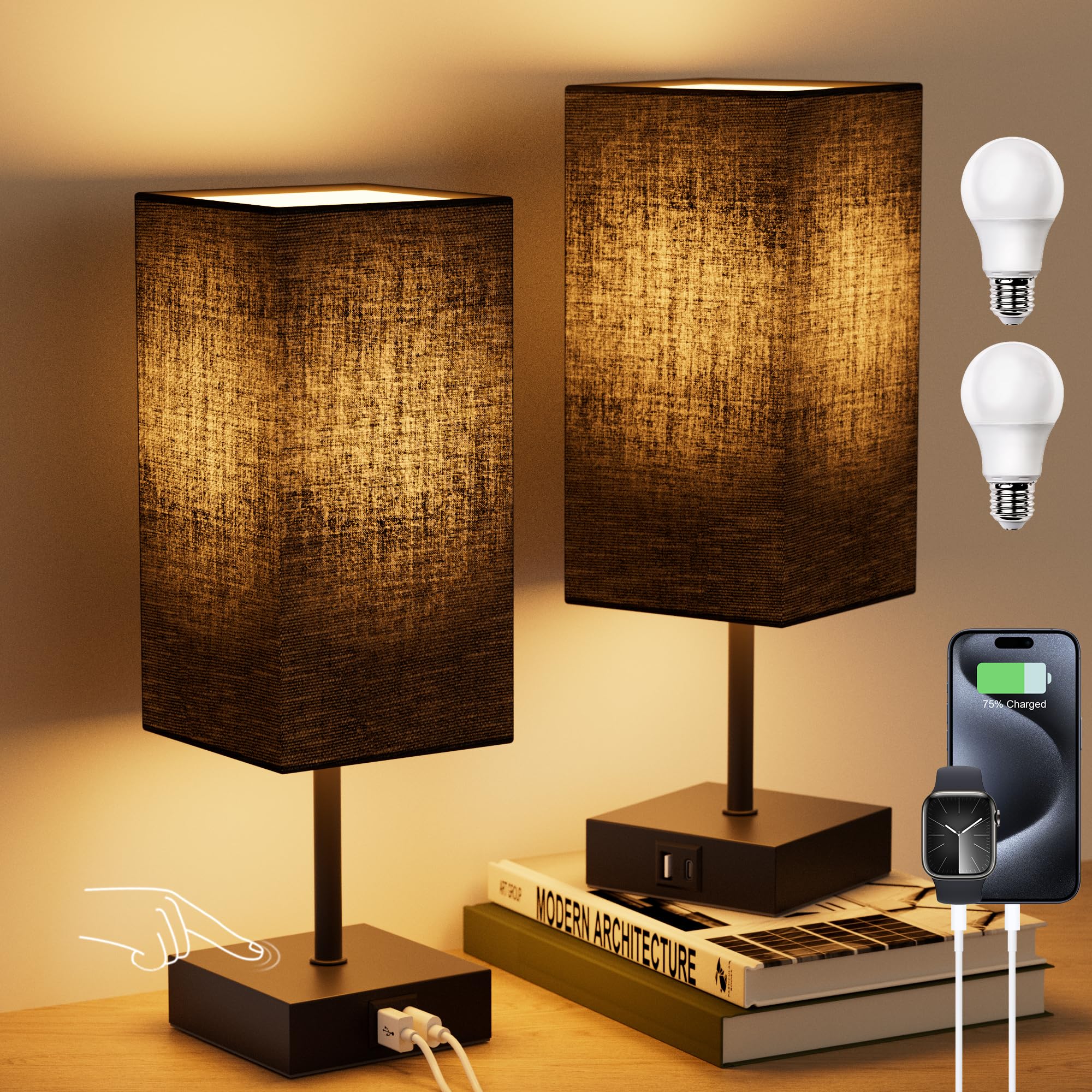 Sailstar Bedside Table Lamps Set of 2, Touch Bedroom Lamp with USB C+A Charging Ports, 3 Way Dimmable Lamps for Night Stands, Sm