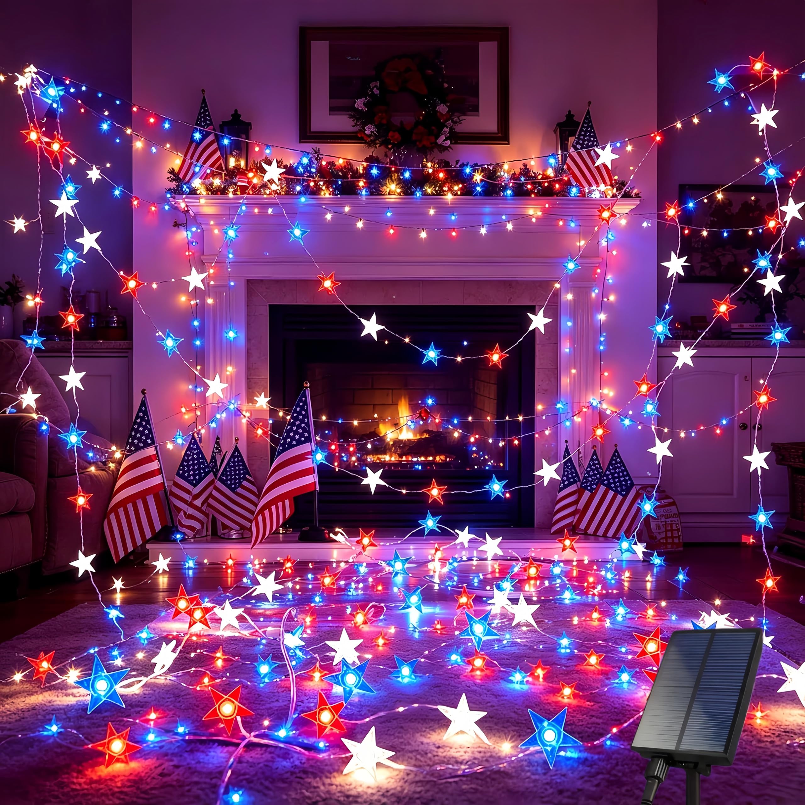 UMEUC 4th of July Solar Star String Lights, 80 LED 39FT Red White Blue Copper Wire Fairy Lights, 8 Modes Waterproof Patriotic Li