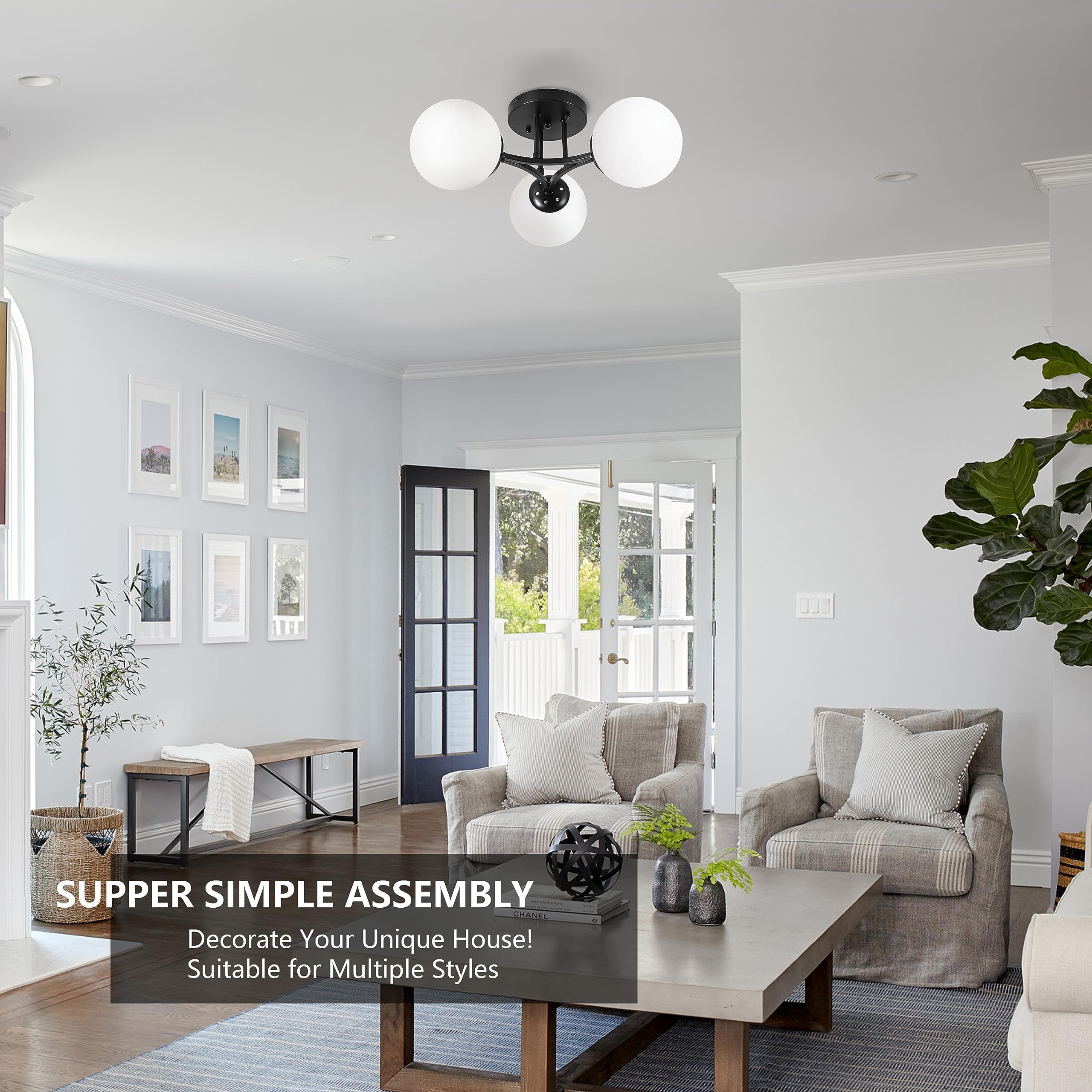 Bagood 3 Lights Modern Globe Ceiling Light Semi Flush Mount Ceiling Light Mid Century Ceiling Light Sputnik Light Fixture Chandeliers Frosted Glass Matte Black Chandeliers For Hallway Laundry Bedroom