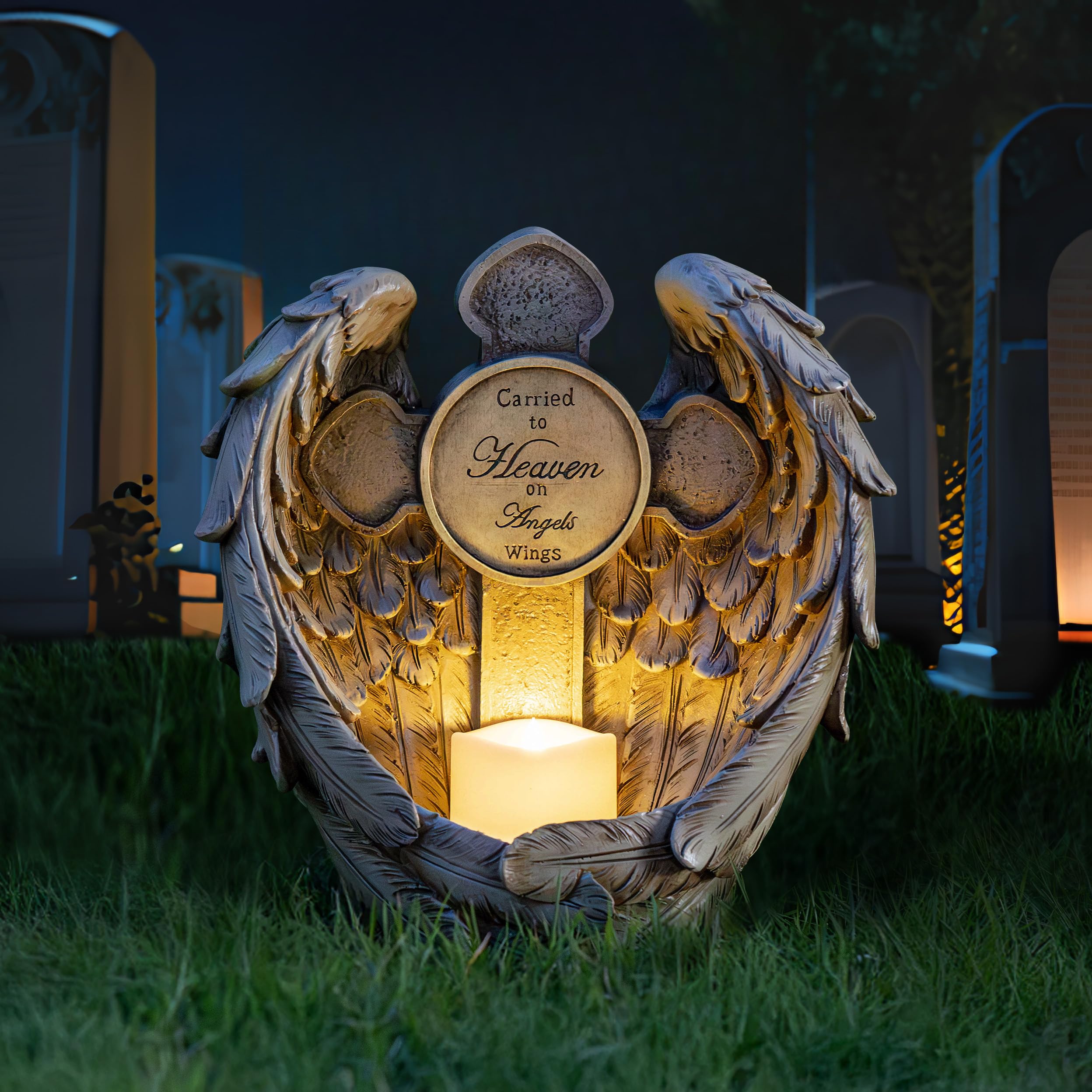 Candieslife Solar Angel Wing Cross Garden Lights, Waterproof Memorial Decor, 12" Resin, Angel Wings for Cemetery and Outdoor Use