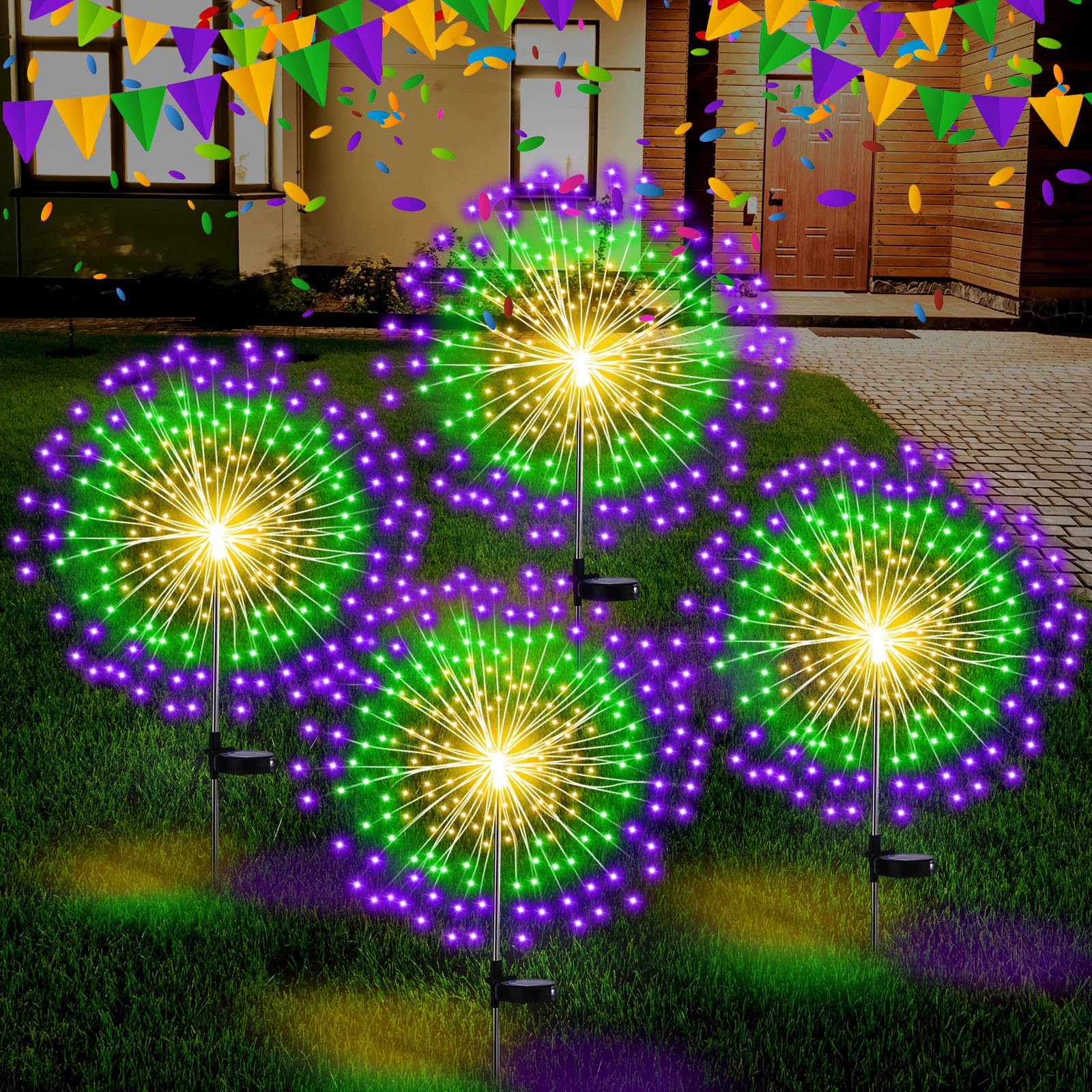 Tujoe 4th of July Decorations Outdoor 4 Pack Colored Solar Firework Lights with 180 LED Patriotic Solar Lights 8 Lighting Modes 