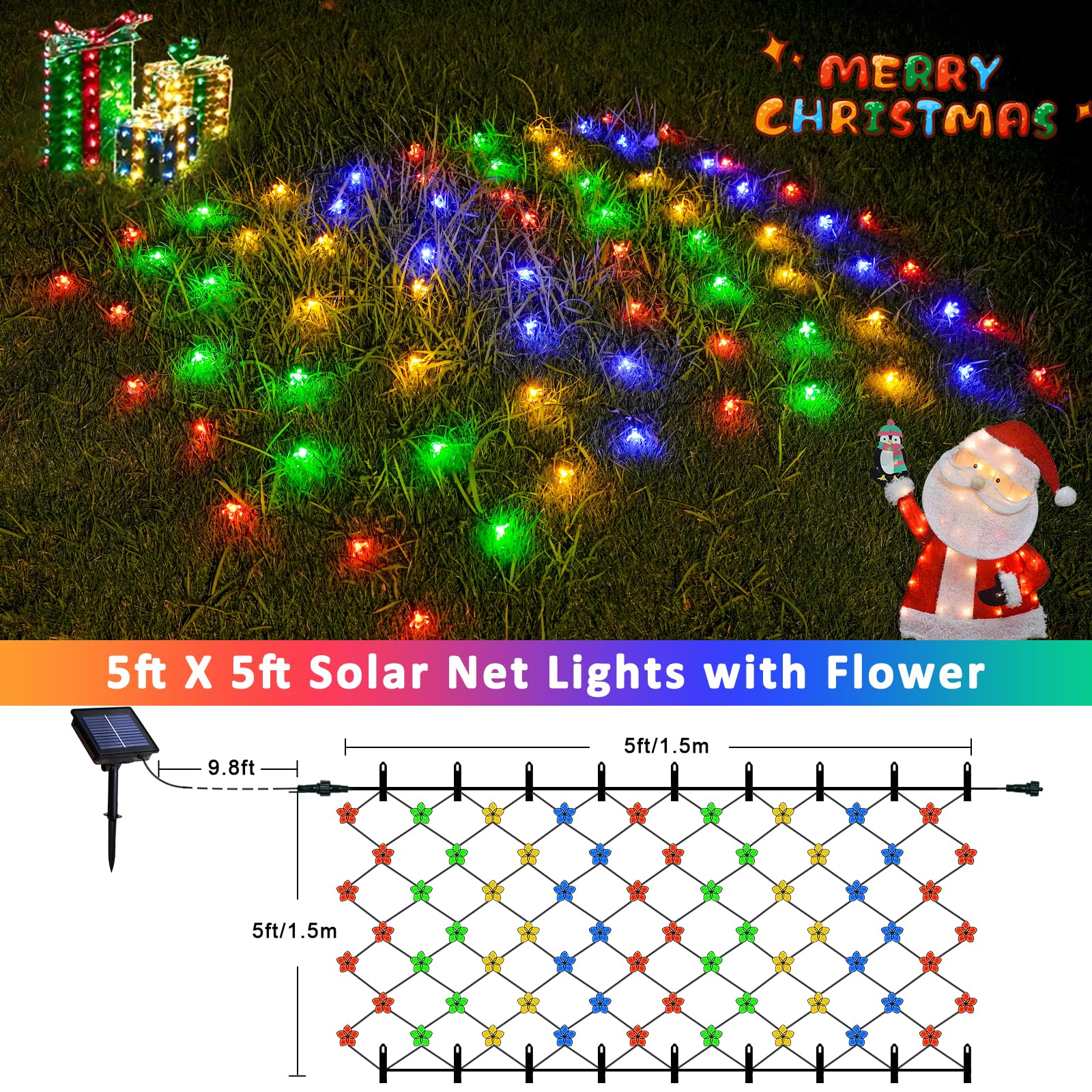 Jmexsuss Solar Net Lights - 5 X 5Ft Outdoor Waterproof Mesh Lights With 8 Modes, Multicolor