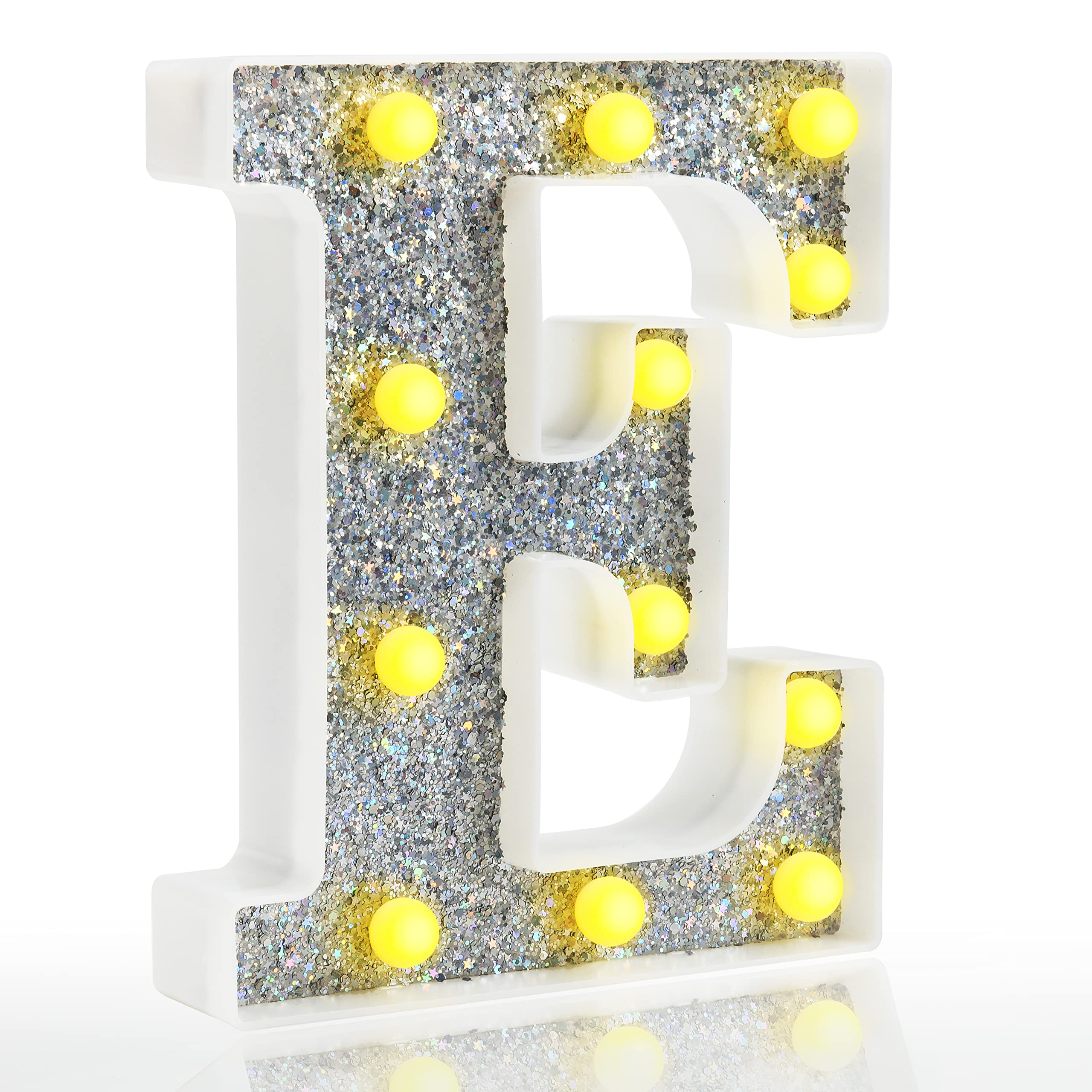 Pooqla LED Marquee Letter Lights, Battery Powered Silver Glitter E Sign, Plastic, Night Light for Parties and Home Decoration