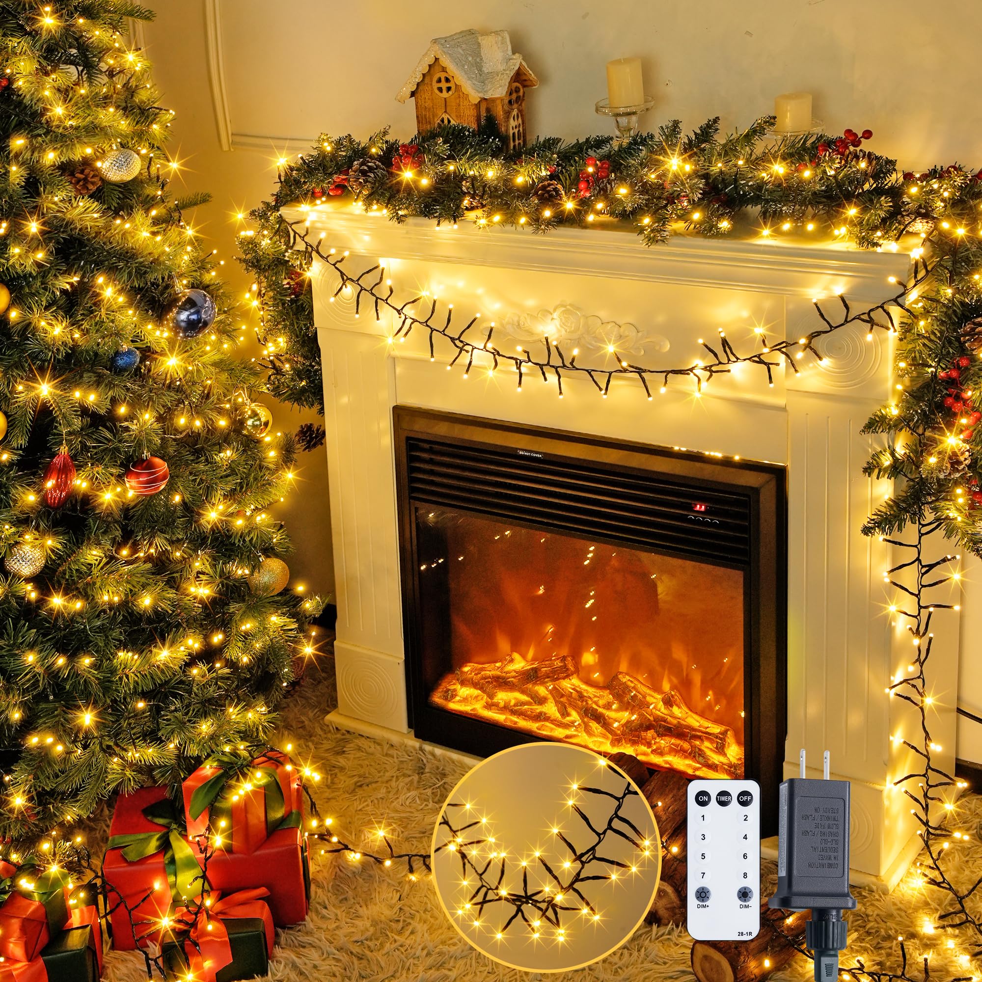 JMEXSUSS 400 LED Cluster Lights Christmas Green Wire Plug in, 22ft Twinkle Lights Outdoor with Remote, 8 Modes Cluster Lights fo